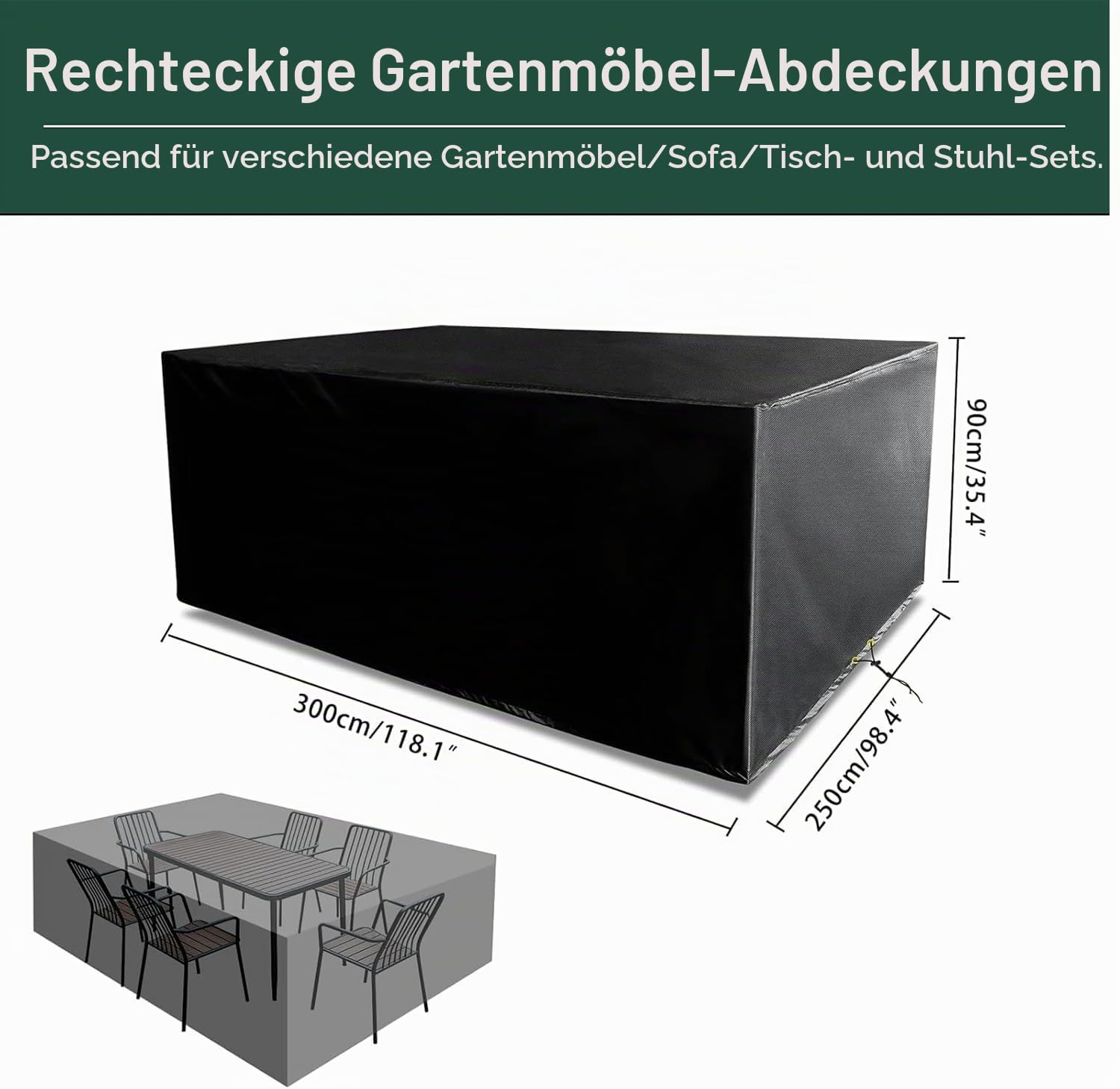 Gartenmöbel Abdeckung Wasserdicht, 300 x 250 x 90cm, Abdeckplane für Gartentische, Terrassenmöbel, Schutzhülle für Tische Und Stühle, Sofas, Rattanmöbel, 420d Oxford-Gewebe