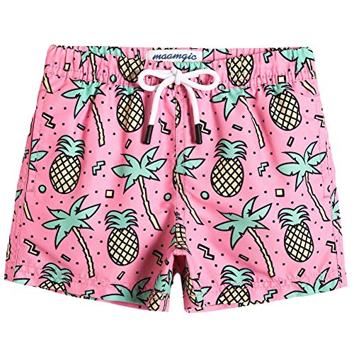 MaaMgic Kleine Jungen Badeshorts Schnelltrocknend Boardshorts mit Mesh-Futter Taschen und Verstellbarem Tunnelzug MEHRWEG, Ananas Kokosnuss Rosa, 3 Jahre