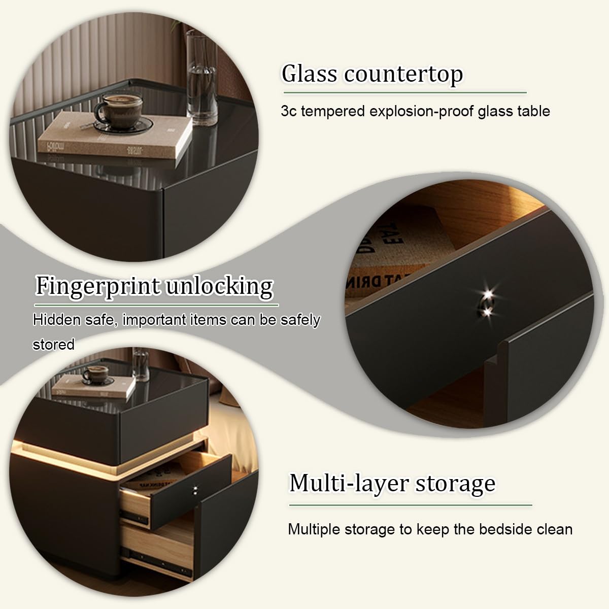 Comodino moderno, intelligente in legno , comodino con scomparto segreto Design Moderno Minimal Striscia Con sblocco tramite impronta digitale LED in legno per Camera da Letto, Soggiorno(White-A)