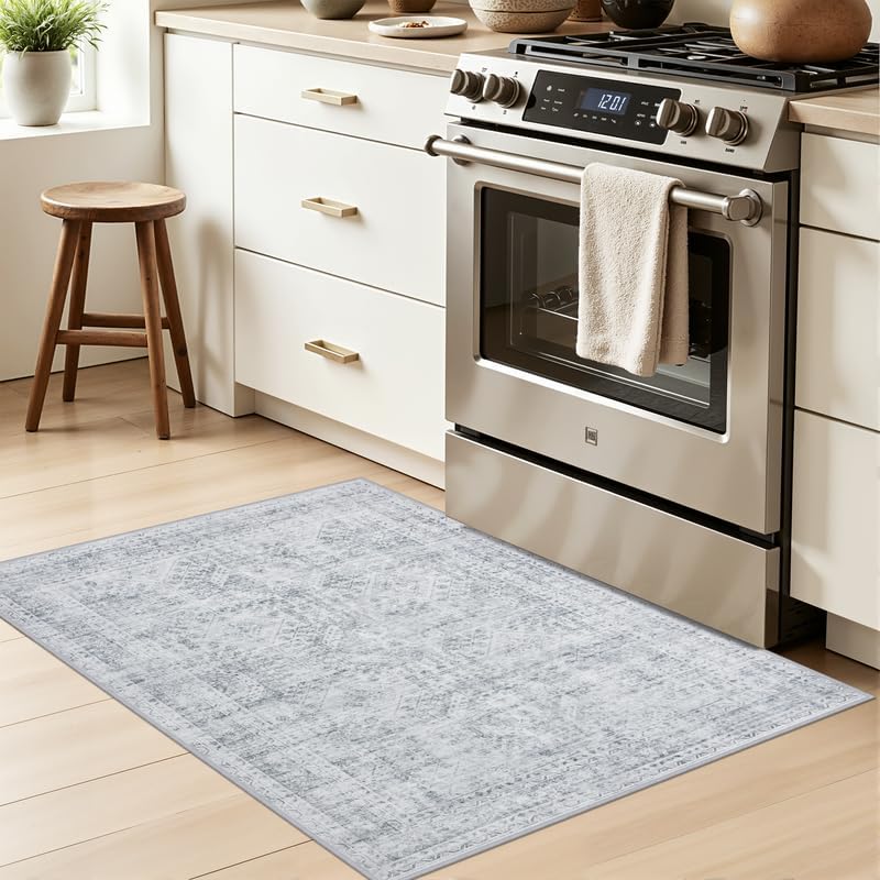 Machine Washable Area Rugs 2x3: Vintage Boho Neutral Washable Rug Indoor Soft Small Entryway Throw Carpet for Living Room Bedroom Kitchen Laundry Floor Non-Slip Low Pile Entrance Rug Gray thumbnail