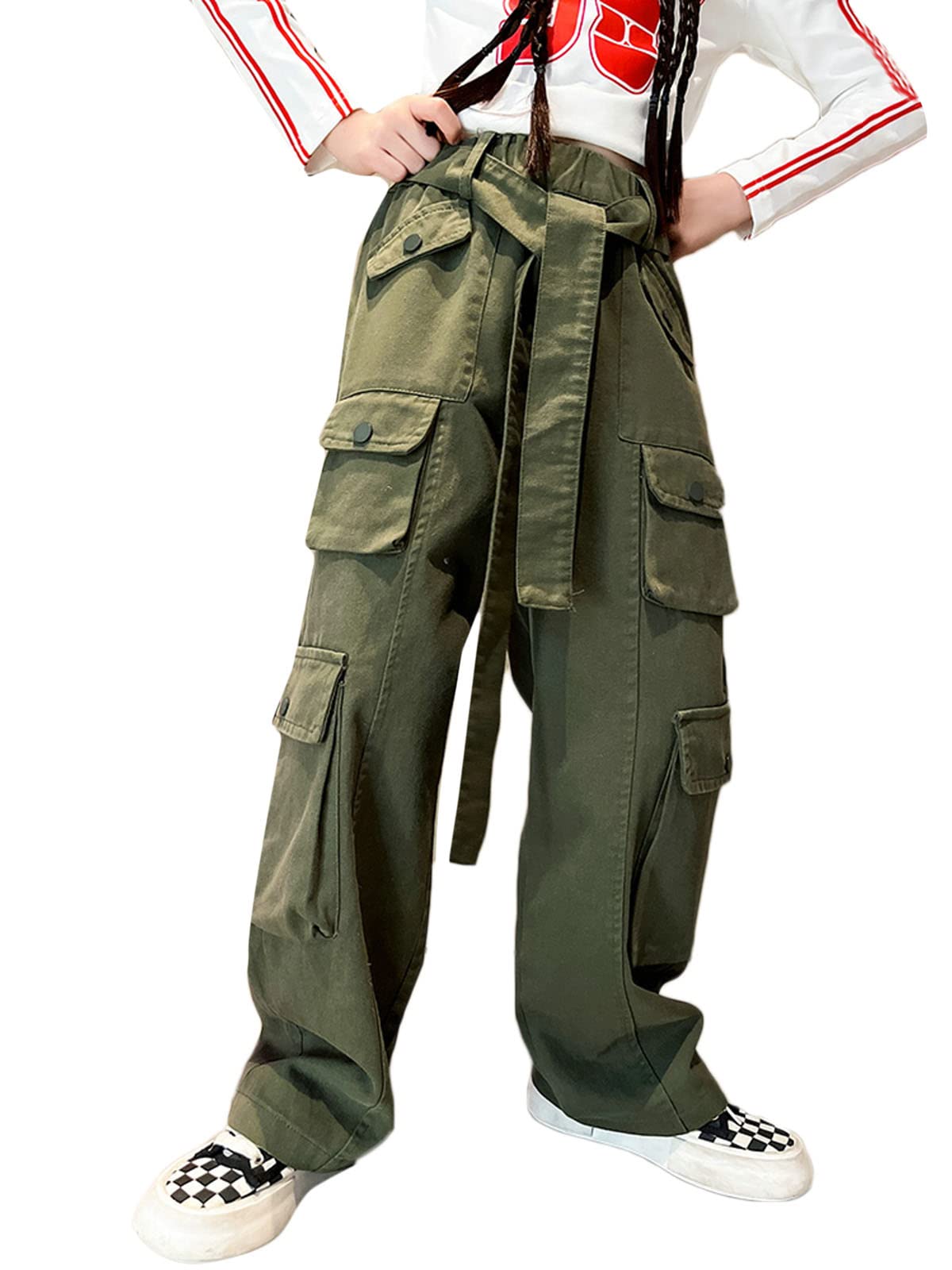 Girls' Baggy Cargo Pants Kids Elastic Waist Vintage Casual Wide Leg Straight Multi Pocket Trousers Y2K Streetwear, Army Green, 3-4T = Tag 120