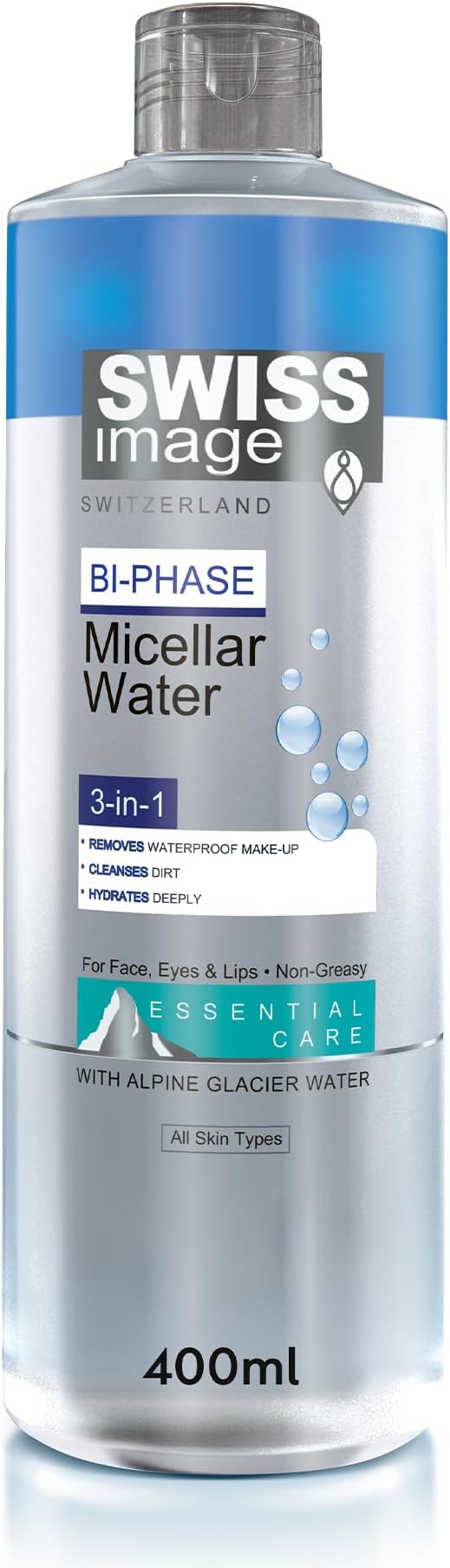 Bi-Phase Micellar Water 400 ml | 3-in-1 Makeup Remover for Face, Eyes & Lips | Non-Greasy, Removes Makeup, Hydrates & Refreshes & No-Rinse Formula | All Skin Types | Swiss Made