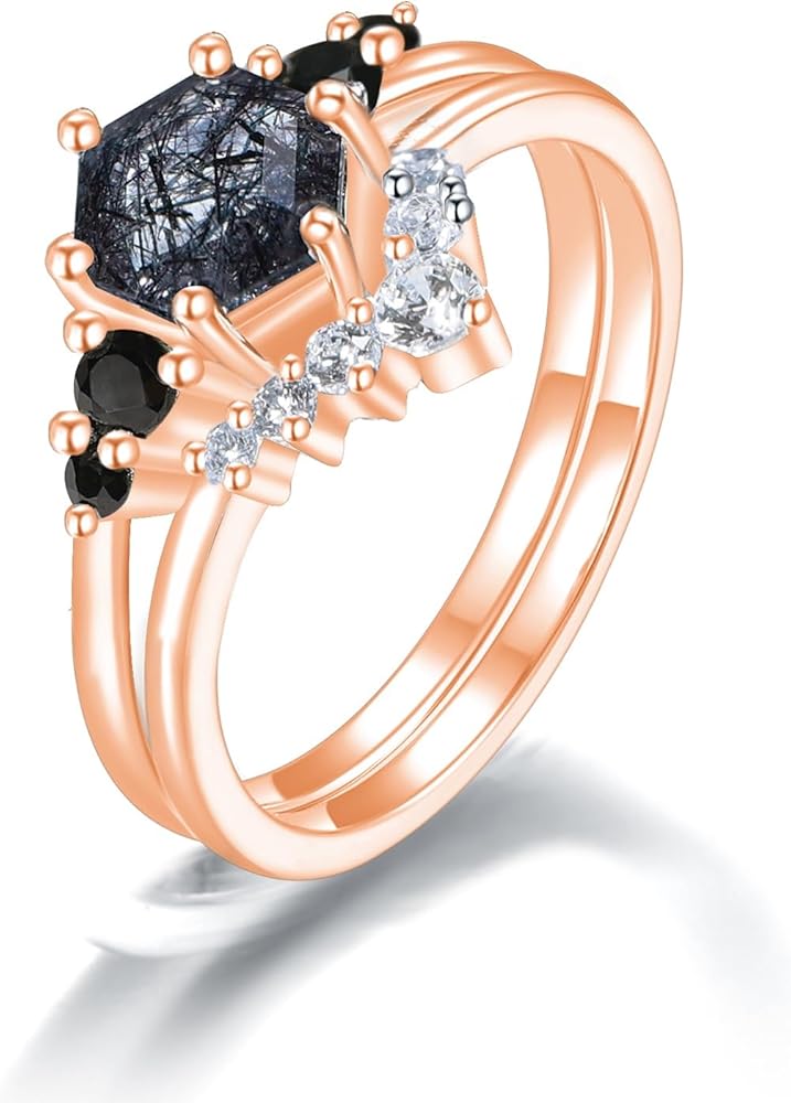 Amazon | [Gigirom] 六角形のカットブラックルチルクォーツリング