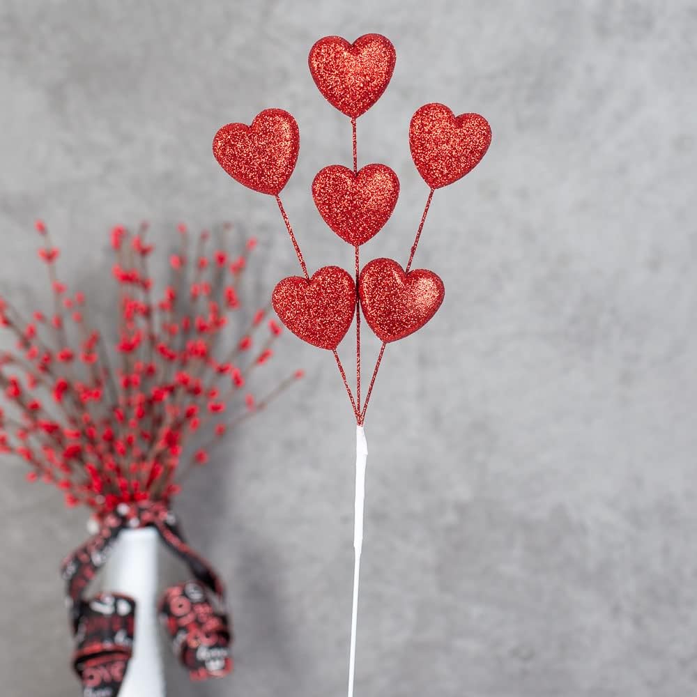 Factory Direct Craft Pack of 6 Shimmering Red Hearts Valentine Floral Stems - Romantic Red Glitter Heart Sprays for Valentine's Day, Sweetest Day, Wedding and Party Decorations