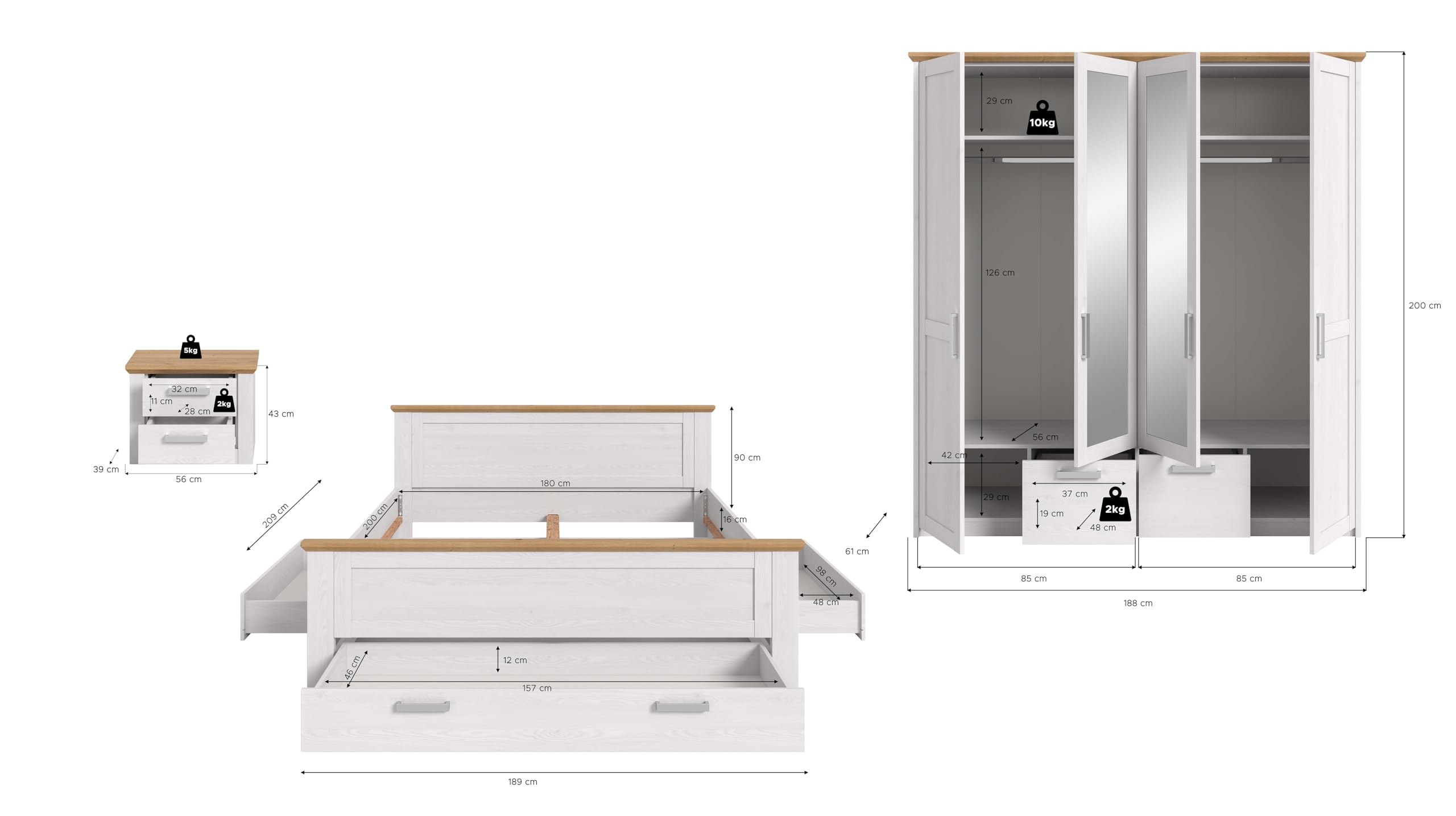 xonox.home – 3 TLG. Schlafzimmer-Set Verona in Sibiu Lärche Nachbildung Absetzung Artisan Eiche Nachbildung – Modernes Schlafzimmer mit viel Stauraum – funktional, elegant & langlebig