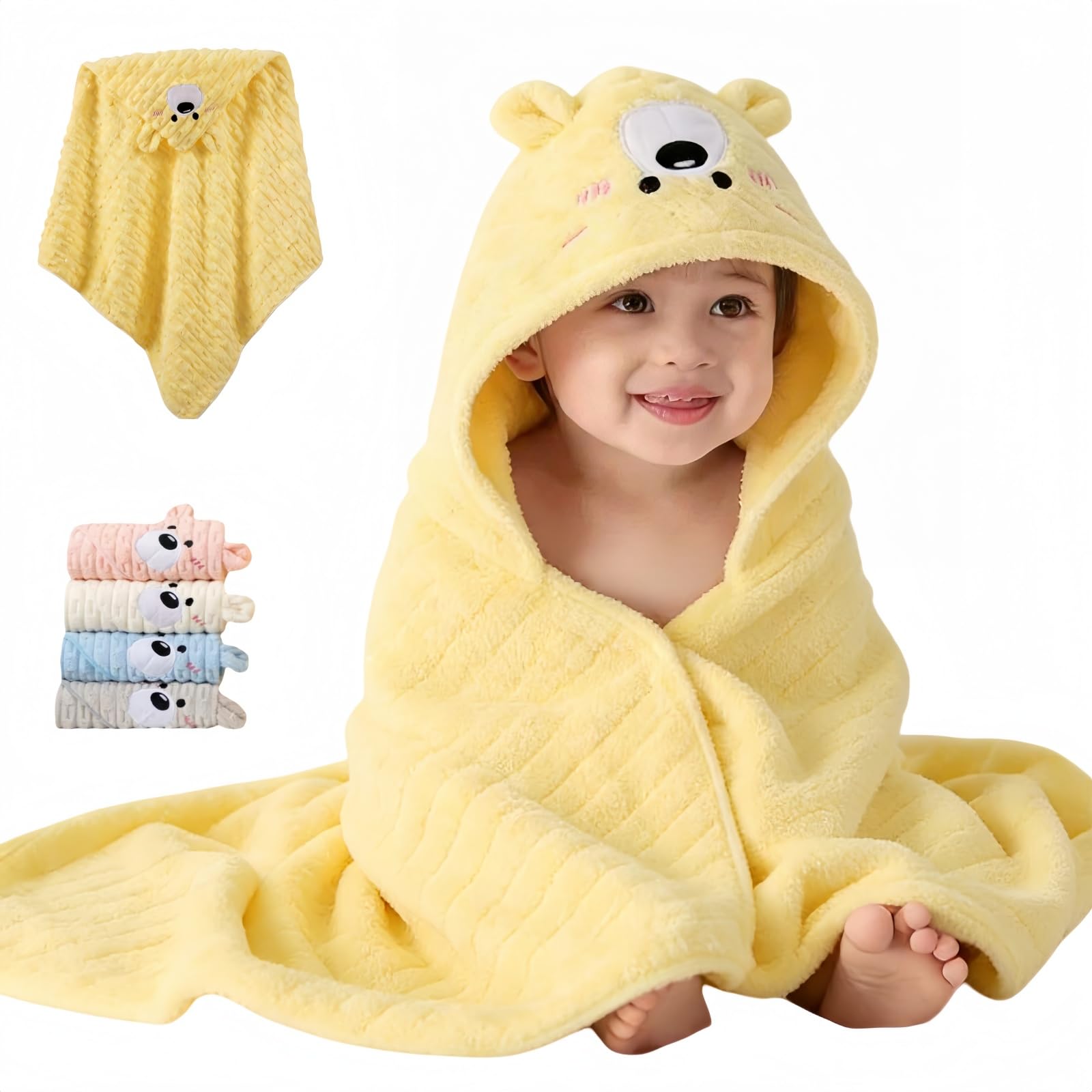 HUANYO Hooded Baby Towel | Ultra Soft Coral Fleece Bath Wrap for Newborns & Toddlers | 80x80cm, Highly Absorbent, Hypoallergenic, Cute Animal Design (yellow)
