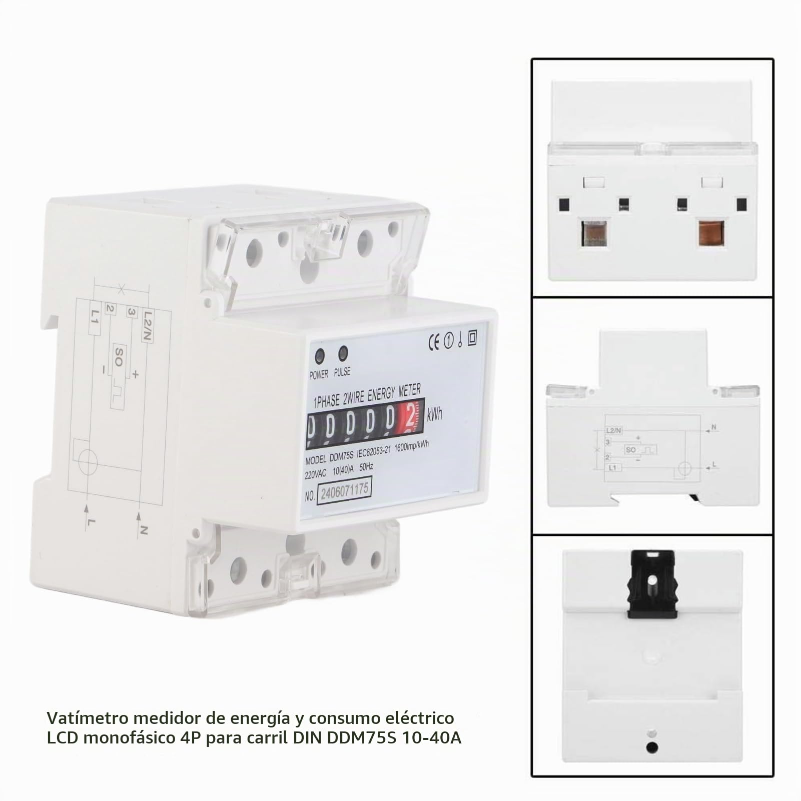 Medidor de Energía Monofásico Kwh 10-40A para Rail DIN con Pantalla LED DDM75S para Medir el Consumo Eléctrico en Hogares y Negocios