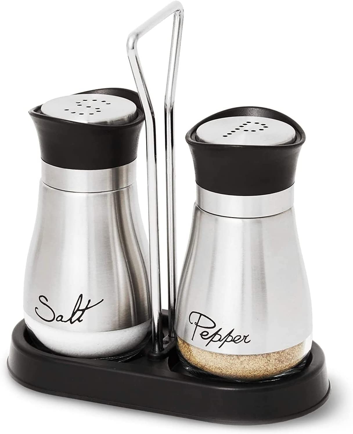 KITOME Salt and Pepper Shakers Set, Stainless Steel with Glass Bottom and Holder.