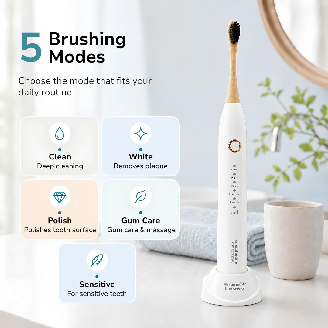 Sustainable Tomorrow Zen Bamboo Spazzolino da denti elettrico per adulti, modello wireless perlato, ricaricabile con setole morbide a base vegetale, teste in bambù, 5 modalità e batteria a lunga