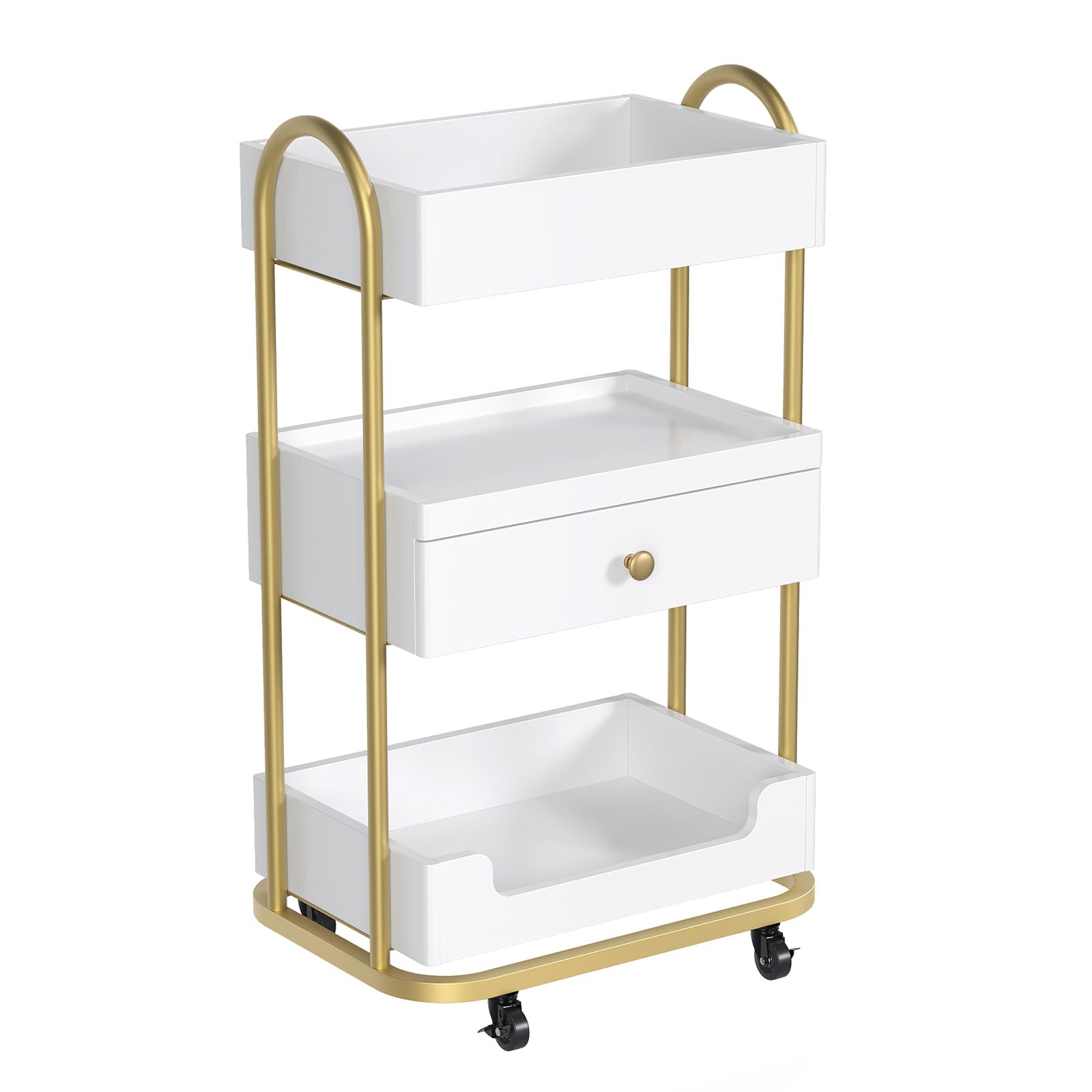 Bonnlo Chariot de Coiffure, Chariot de Salon Professionnel 3 Étages avec Tiroir, roulettes Verrouillables, Plateau Supérieur Plat avec Bordure, pour Esthétique, Spa, Studio Ongles, Blanc et Doré