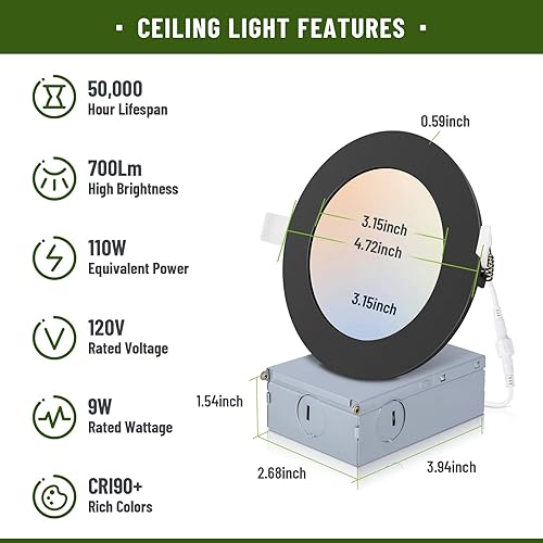 Miniatura 2 de Paquete de 12 luces LED empotrables de 4 pulgadas con caja de conexiones, iluminación empotrable negra 5CCT regulable 2700K3000K4000K5000K6000K, 9W