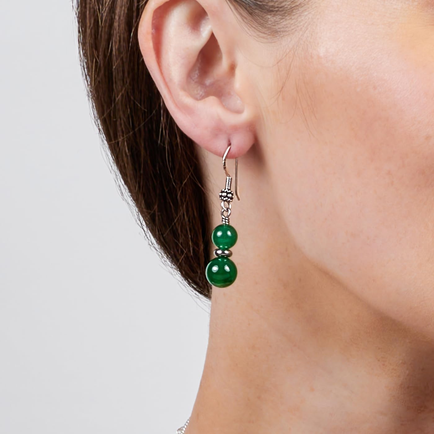 VN Jewelry Handmade Women's Natural Gemstone Double Beaded Sterling Silver Dangle Drop Earrings | Gift for Women, Girls (Green Agate)
