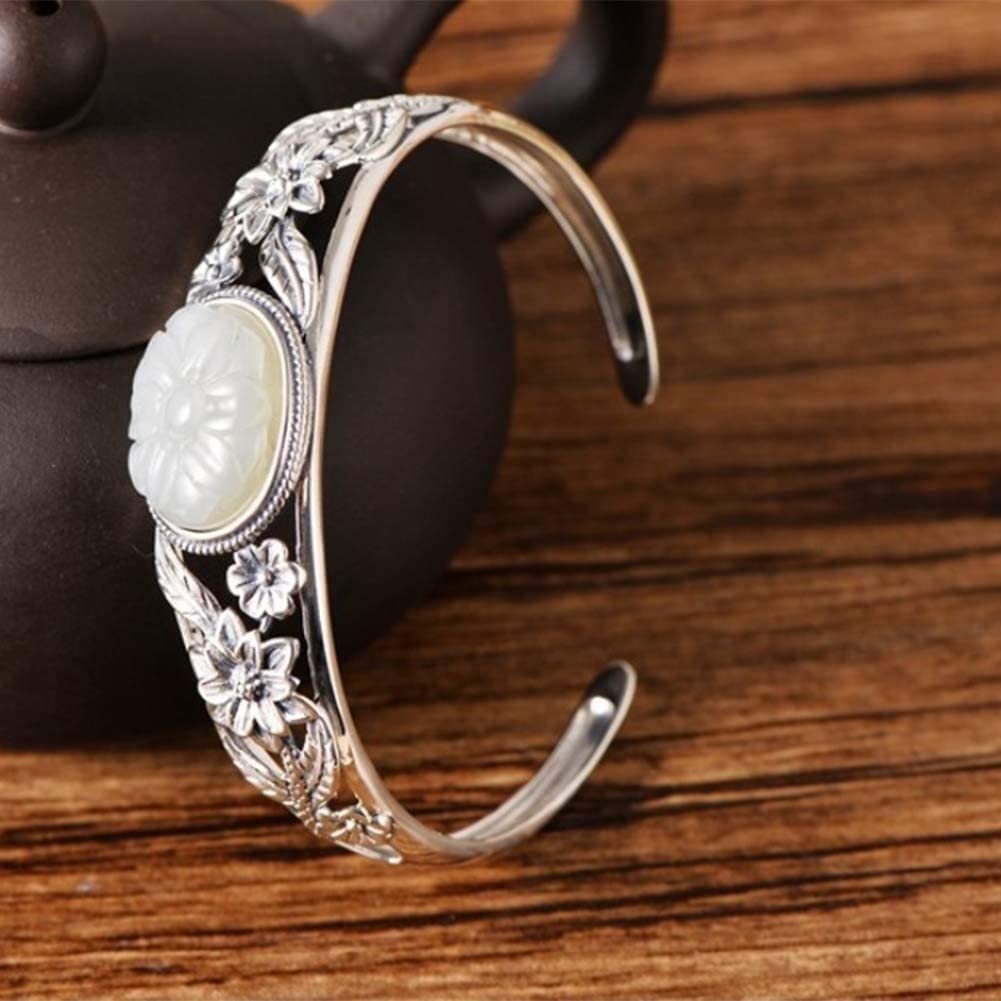 Bracciale Personalizzato ， Bracciale Rigido Aperto da Donna in Giada Bianca con intarsio Etnico Vintage in Argento Sterling 925
