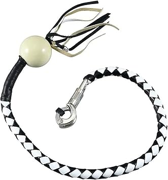 Dream Apparel 36" Leather Motorcycle Get Back Whip for Handlebar Fringed Biker Whip With Pool Ball, Black and White