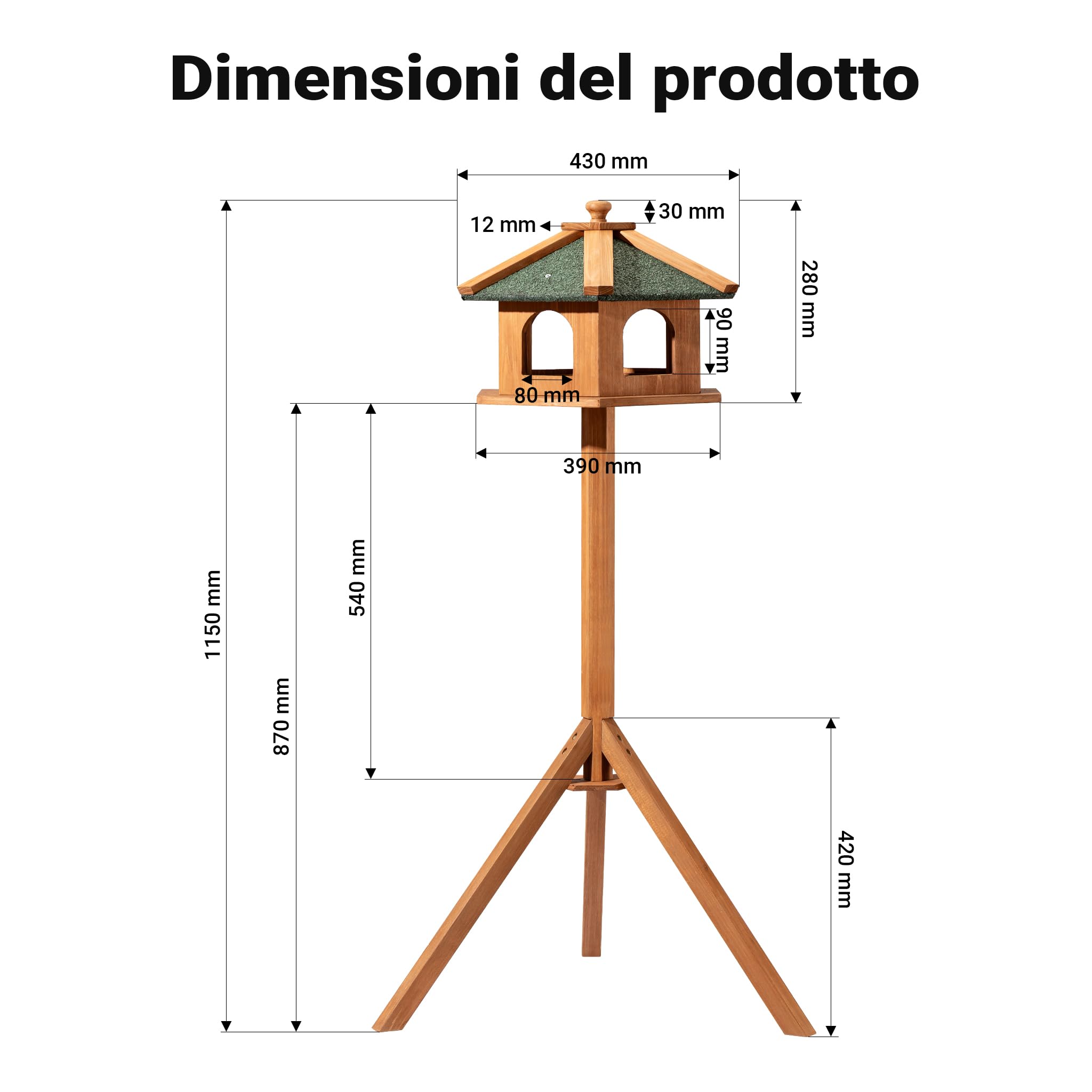 Mangiatoia per uccelli selvatici con supporto in legno di abete 115cm Resistente Con finestre