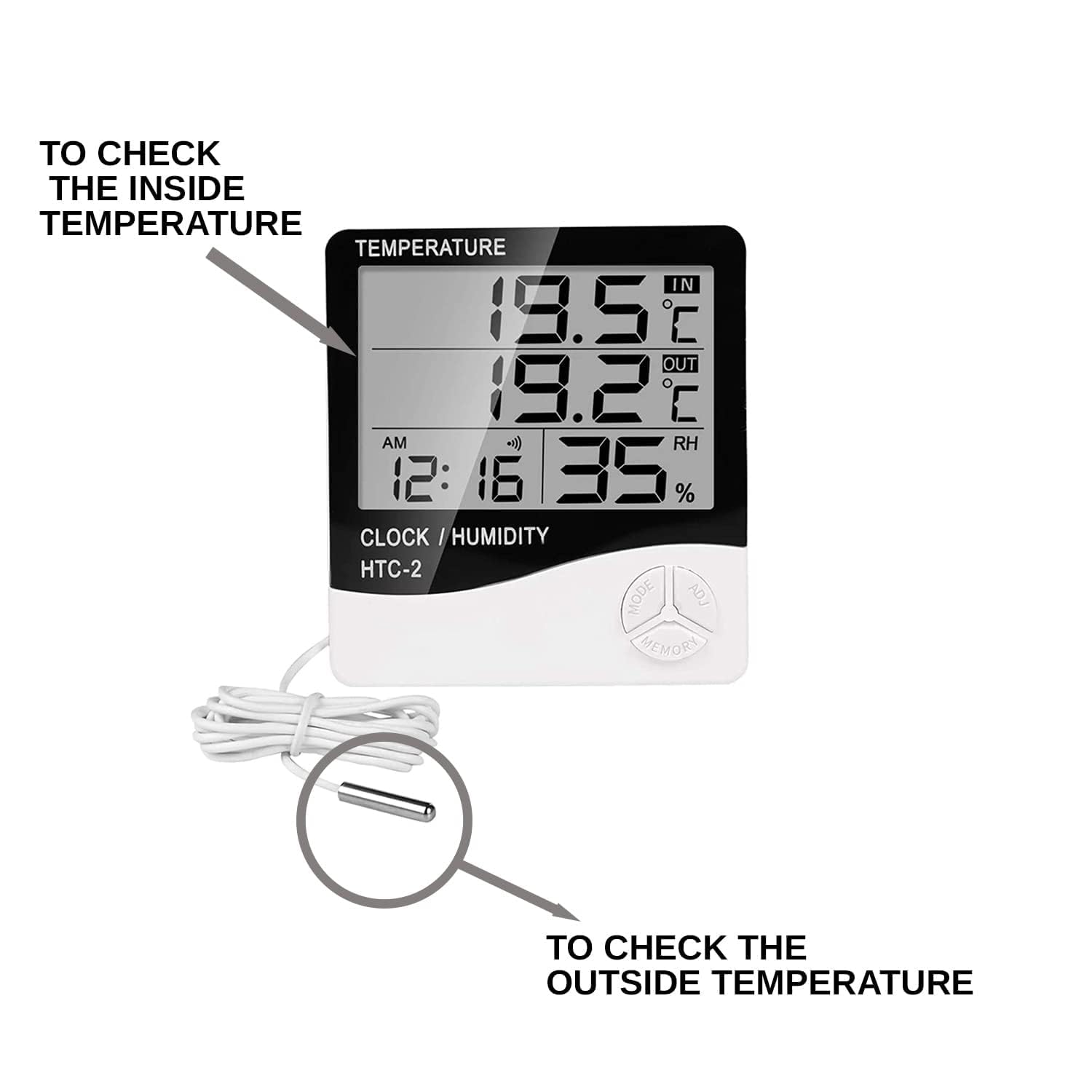 OTTIXE Digital Thermometer Hygrometer with Clock, Temperature Humidity Meter, LCD Display, Black and Silver, Tabletop Mounting 2