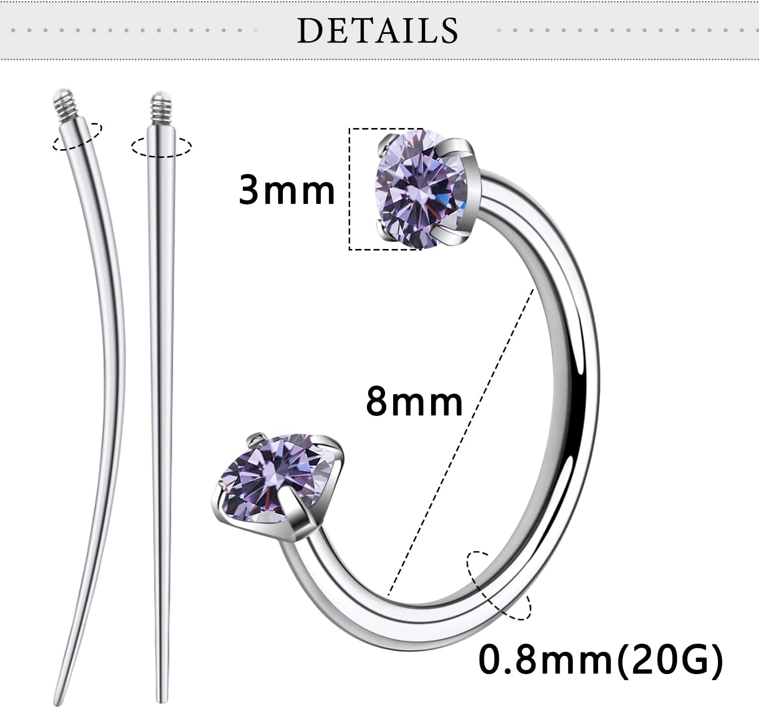 Horseshoe Nose Ring Hypoallergenic Titanium Double Stud Nose Ring 20G 18G Internally Threaded Cubic Zirconia Daith Piercing Jewelry for Women Inner Diameter 8mm (5/16inch) - Image 2