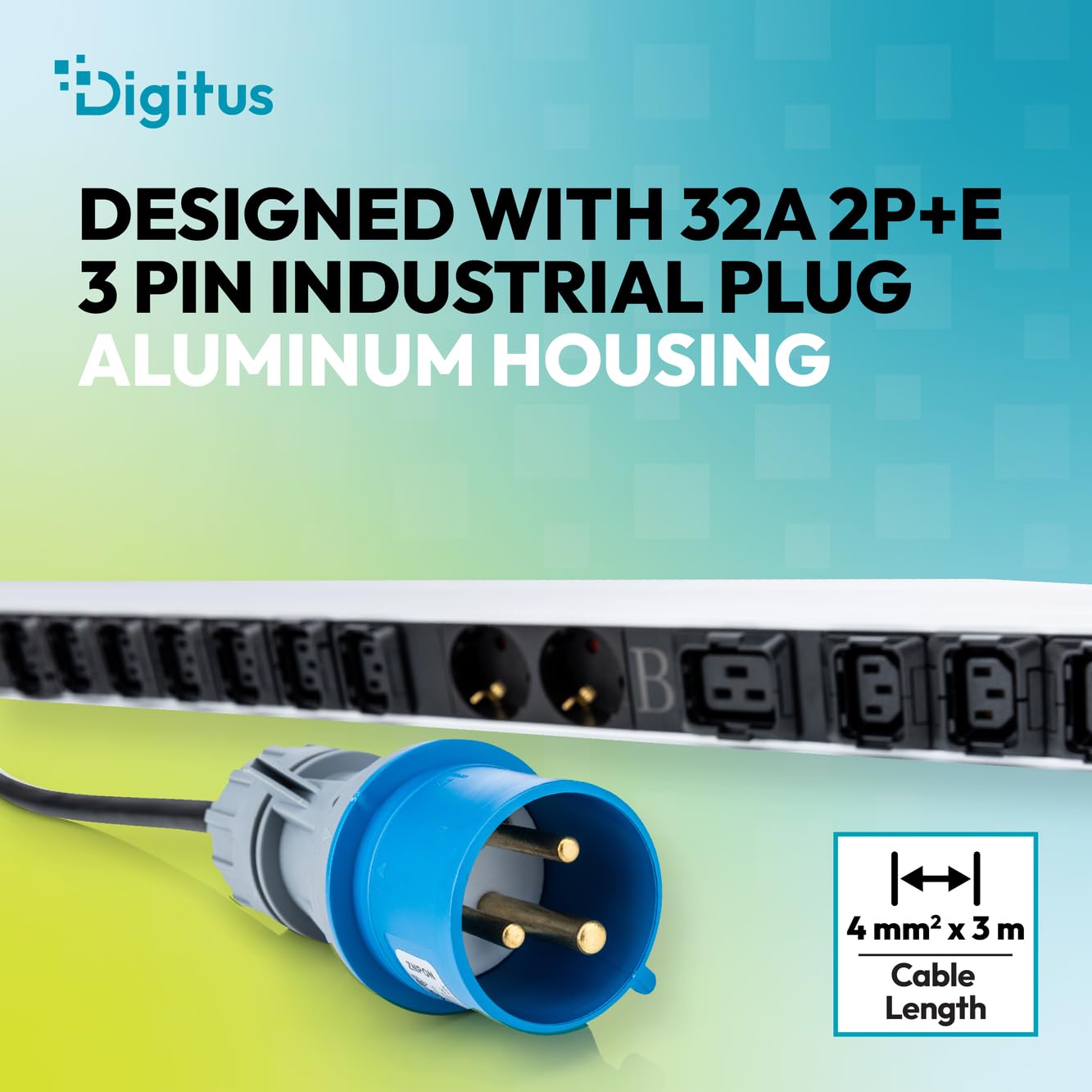 DIGITUS Basis IT PDU – 24 x C13, 2 x C19, 4 x Schutzkontaktsteckdose | 2x Leitungsschutzschalter 16A – 1-phasig 32A – 3 m Zuleitung – IEC 60309 32A Stecker – 8000W