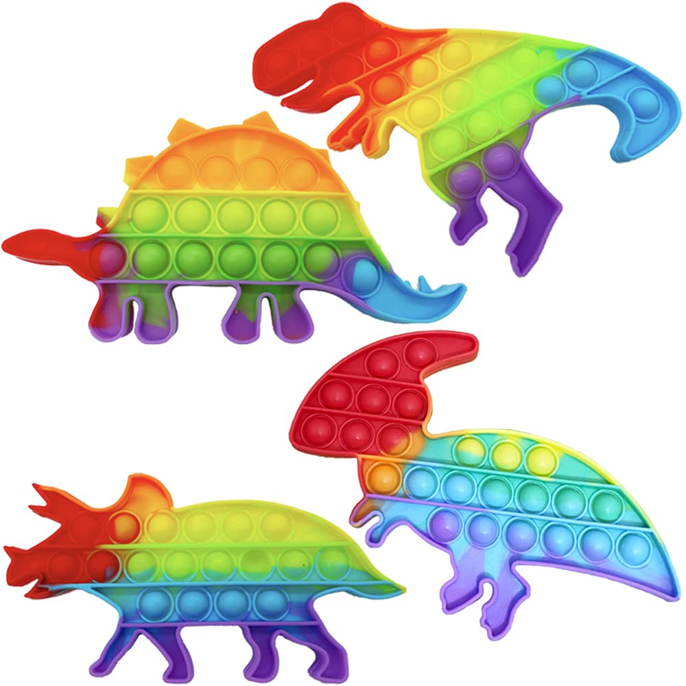 4 Pack Pop Fidget Toys,Dinosaur Fidget Sensory Toy Sets, Rainbow Pop Squeeze Toy Stress Reliever Silicone Dinosaur Toy for Kids and Adults