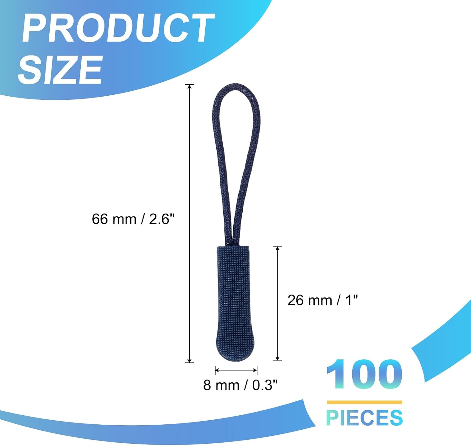 PATIKIL 2.6 Inch Zipper Pulls Replacement, 100 Pcs Nylon Cord Extension Zipper Pull Tab Tags for Handbag Backpacks Jackets Luggage Purses, Navy Blue