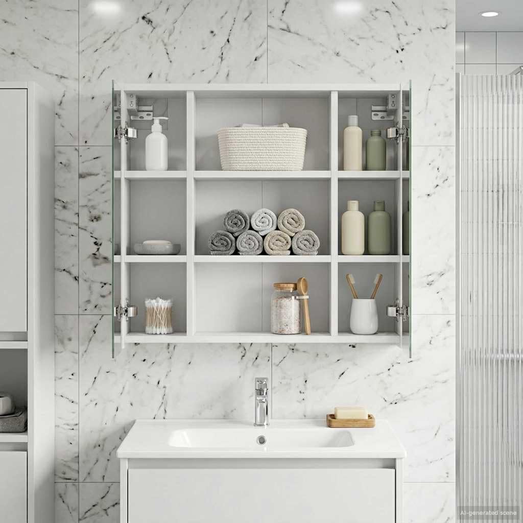Armadietto da bagno con specchio in legno bianco, 63,5 x 16 x 62,5 cm, con ripiano regolabile, da appendere alla parete, per bagno degli ospiti, WC, doccia, portaoggetti e ripiano per