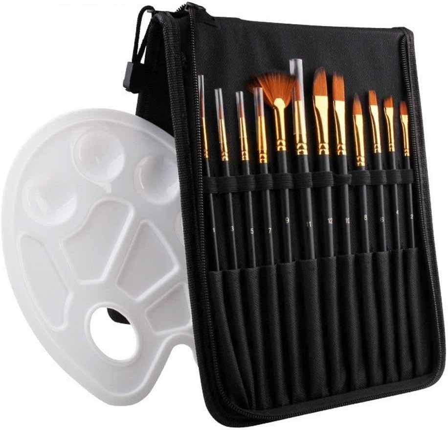 12pcs Artist Paint Brush Set with Canvas Bag Paint Palette for Watercolor Brush Oil Acrylic Drawing Painting Art Supplies(D)