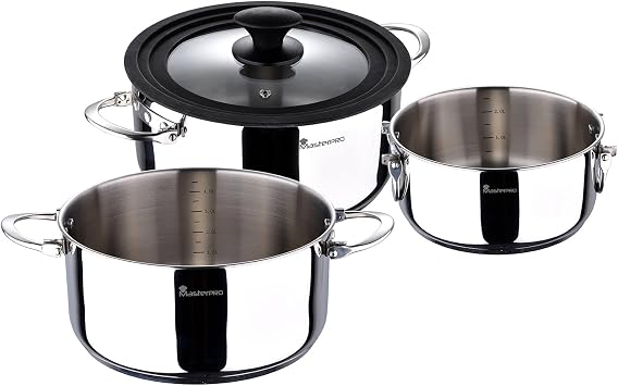 MasterPro Foodies Saucepan Set 4-Piece Set with 16, 20 and 24 cm Pots and Glass Lid Stainless Steel Cooking Pot Set Suitable for All Hob Types