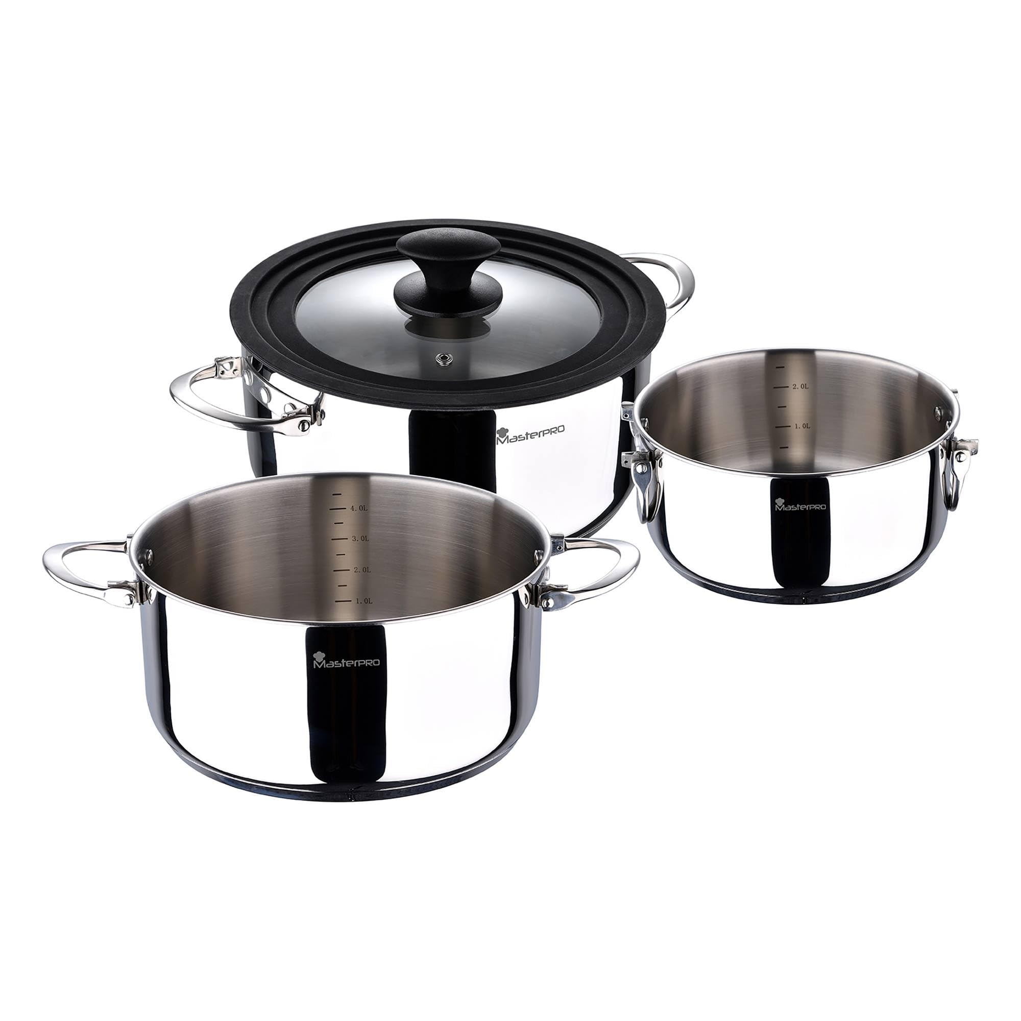 MasterPRO Foodies - Batterie de cuisine - 4 pièces avec des casseroles de 4, 20 et 24 cm et un couvercle en verre - fabriqué en acier inoxydable - compatible avec toutes sortes de cuisines