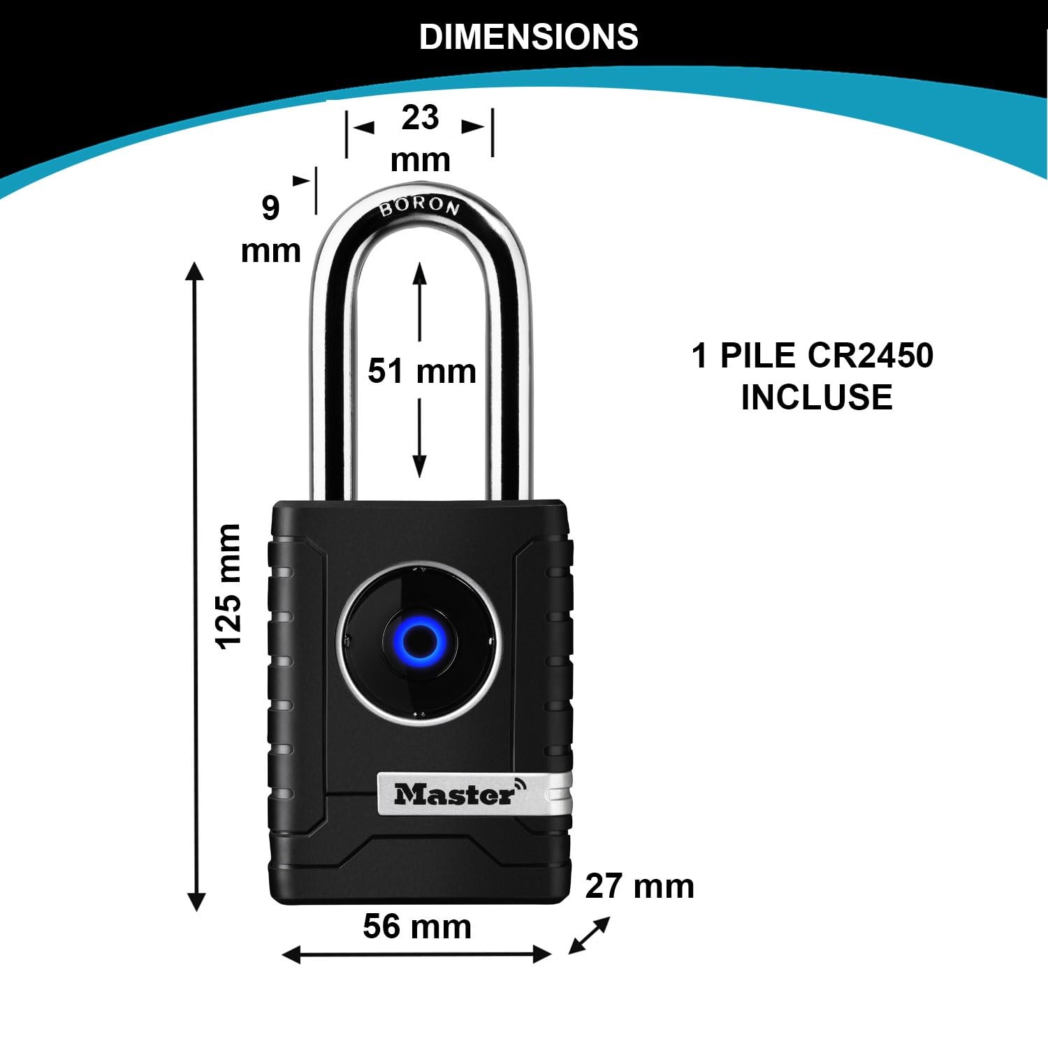 Master Lock 4401EURLHEC Cadenas Bluetooth connecté pour un usage privé ou professionnel, Etanche, Anse Longue Noir