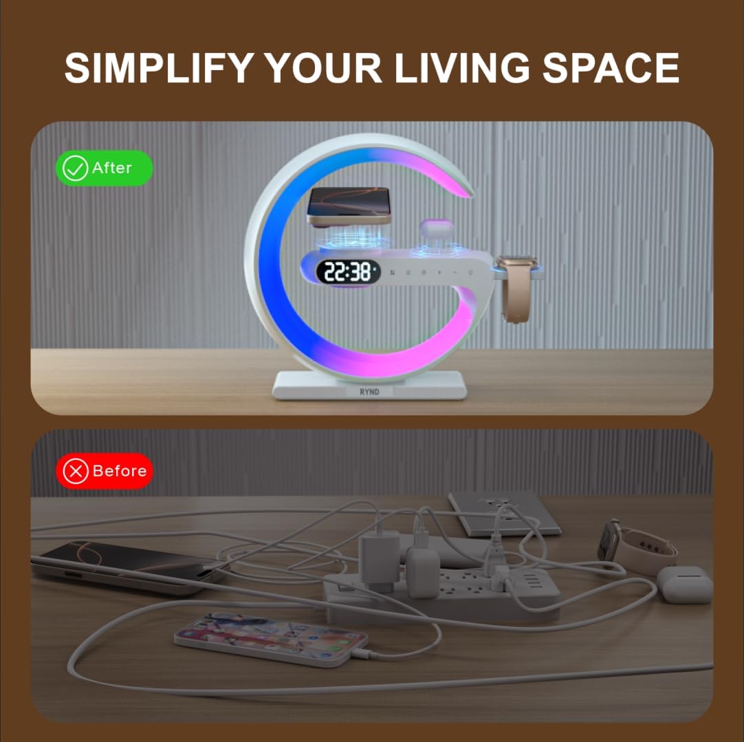 RYND 2026 Magnetic 5 in 1 Speaker Alarm Clock with Wireless Charger, Bedside Lamp with Adjustable Night Light, Gift for Family/Friends(White) - Image 6