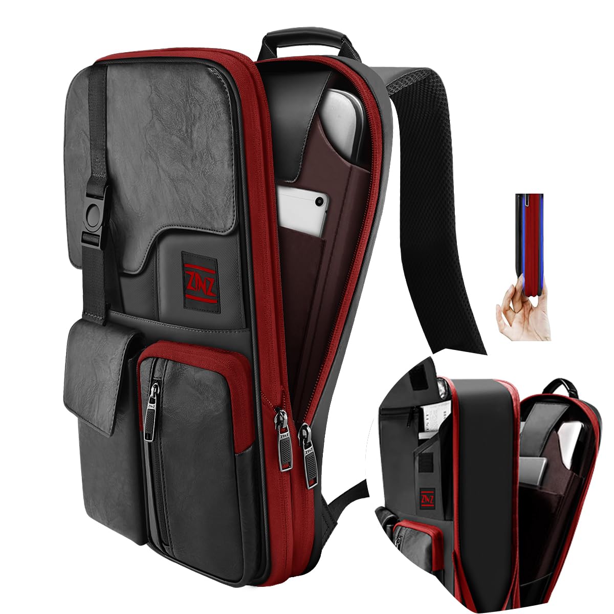 ZINZ Zaino per Laptop Sottile ed Espandibile Zaino da Lavoro da 15" 15.6" 16", Zaino da Viaggio Antifurto Ompermeabile Zaino per Libri per Uomini e Donne, Nero e rosso