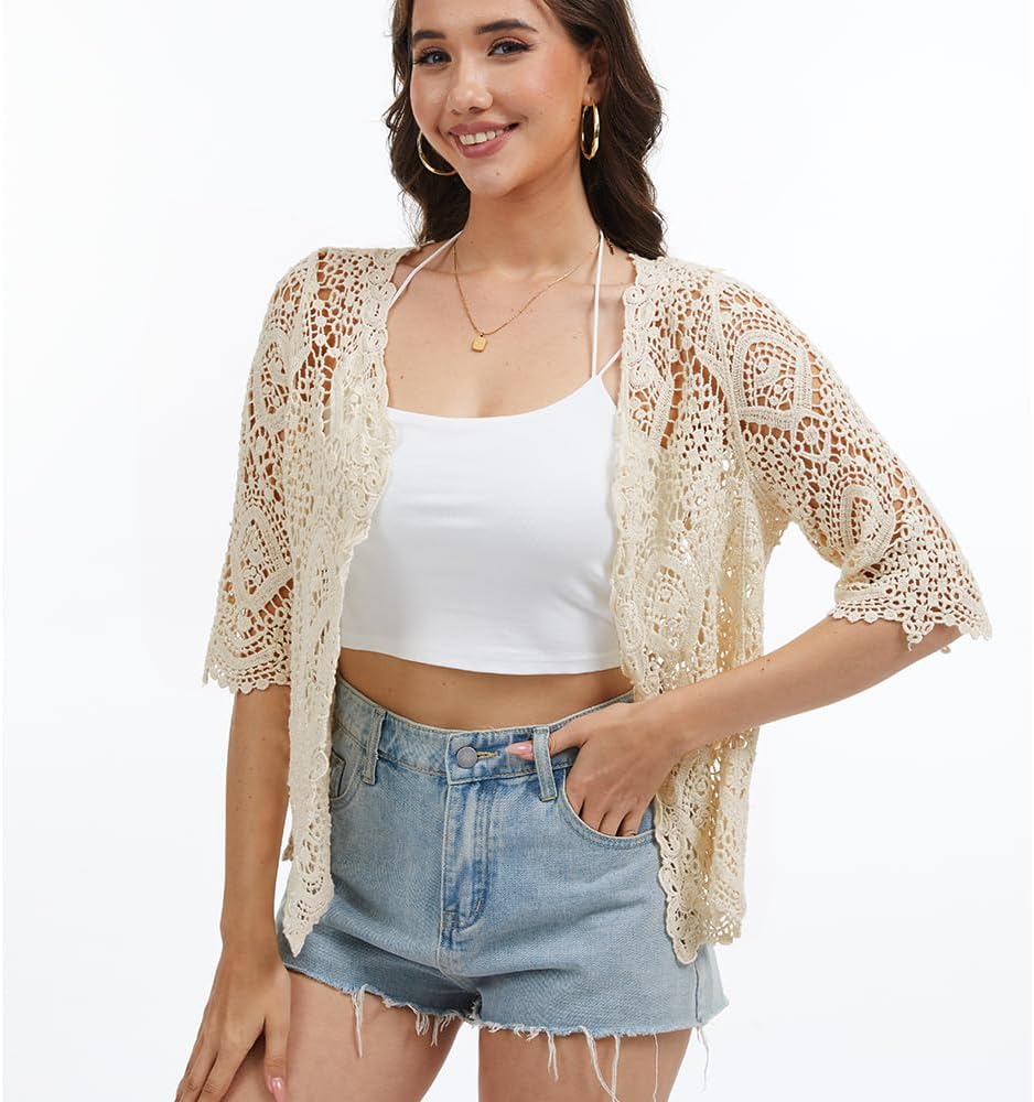 Women's Lace Cardigan Floral Crochet Sheer Beach Cover Ups Long Kimono with Half Sleeves - Image 3