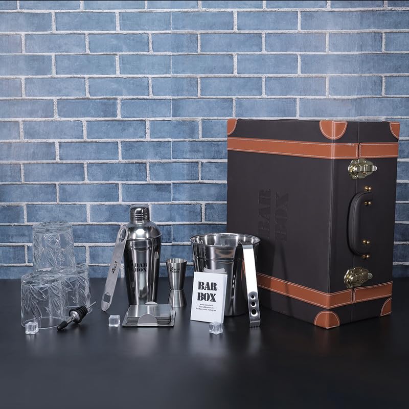 Image of Bar Box Portable Bar Set with 3 Whiskey Glasses, Cocktail Shaker Set, and Bar Tools - Brown Leatherette Bar Kit with Stainless Steel Accessories for Home - Perfect Bar Setup & Decor