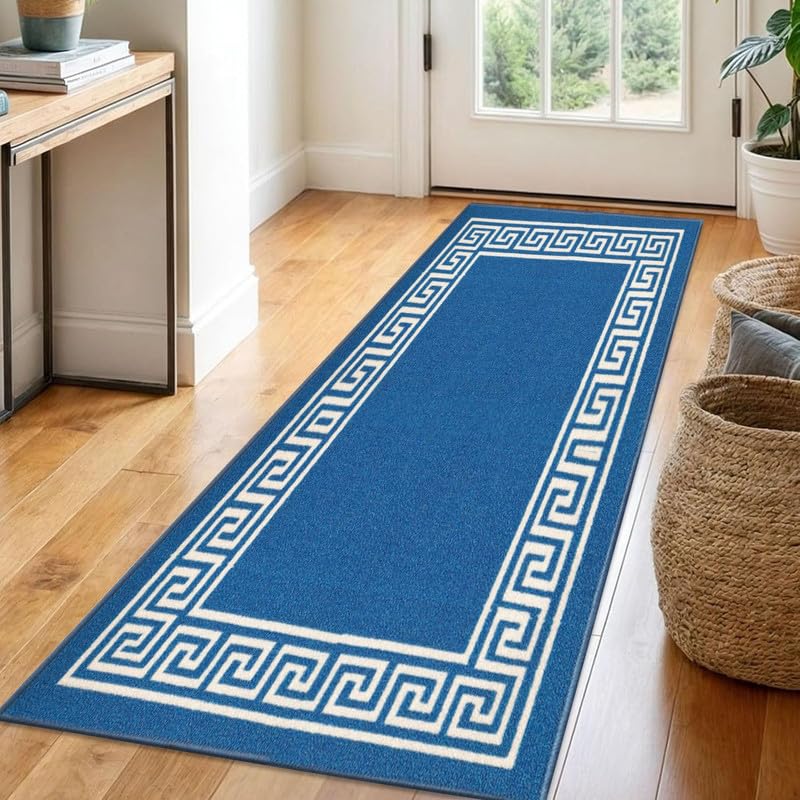 Trendy Realm Athena Runner Rug – Large Non-Slip Washable Carpet for Living Room, Bedroom, Hallway, Lounge, Dining, Kitchen, Modern Indoor Long Floor Runners (Blue & Cream, 66x220 cm) — image 1