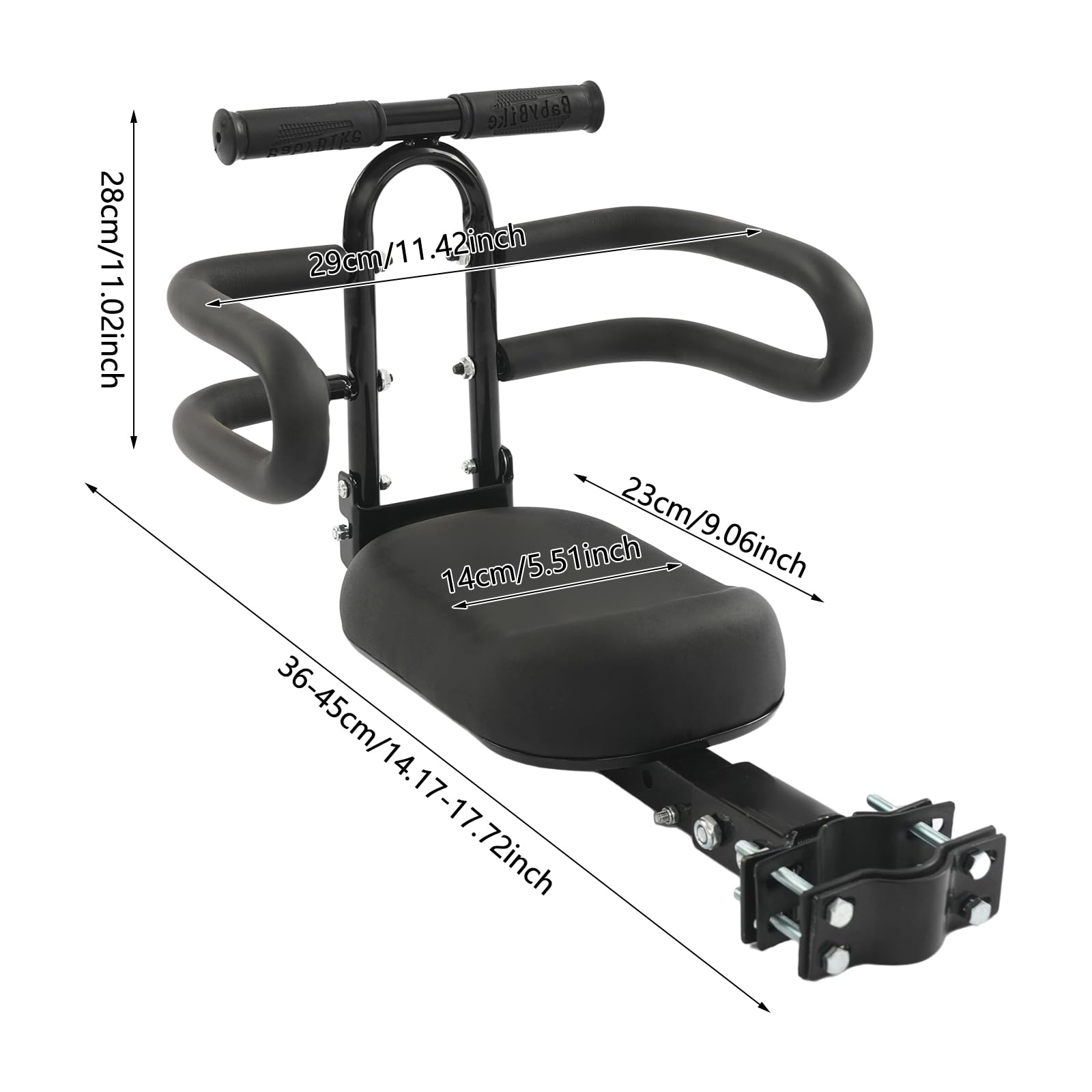 Fahrradkindersitz, Klappbarer Sitz für Elektroroller, Sitz verstellbar, Faltbar, Front Mounted Scooter, Karbonstahl, Verwendung in der Stadt, Reisen, Spaziergang, bis 30kg