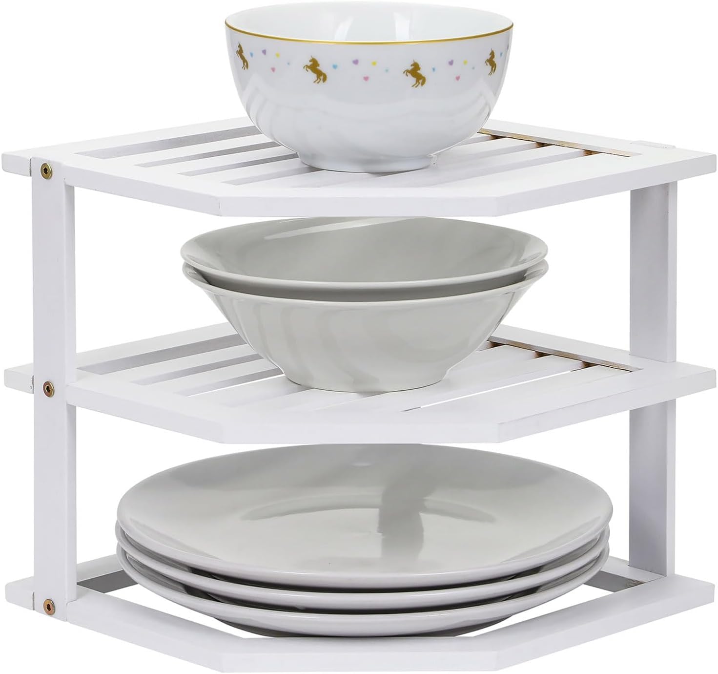 Greenfields 3 Tier Corner Shelf Cabinet Organiser - Plate Rack Countertop for Kitchen, Bathroom, Cupboard, Pantries - Shelf Insert Storage Organisation - Plate Organiser (White)