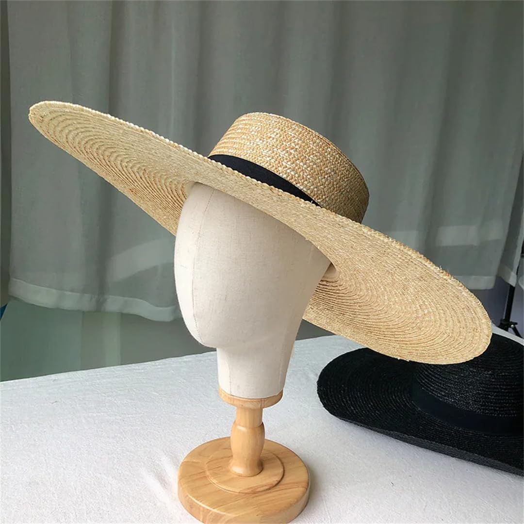Women's Wide Brim Flat Top Hat 15Cm Straw Hat Flat Top Summer Black Ribbon Sun Hat Beach Hat