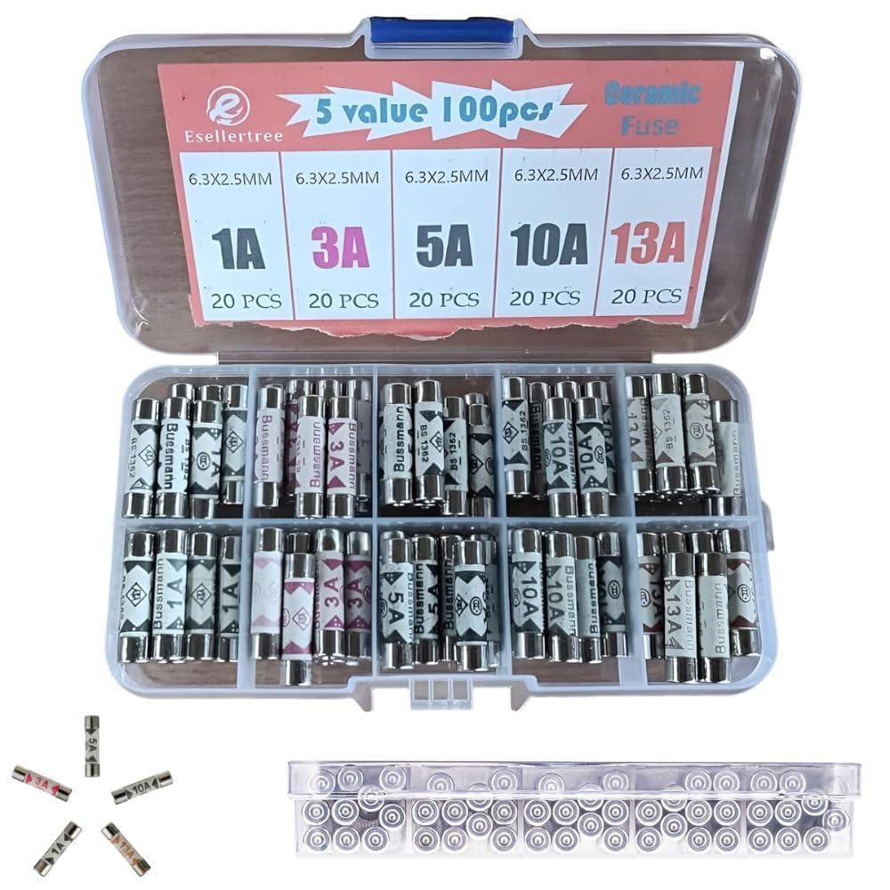 Box of 100 Assorted Plug Fuses (1A-13A) (20 Each) - Mixed Domestic Fuses for UK Appliances