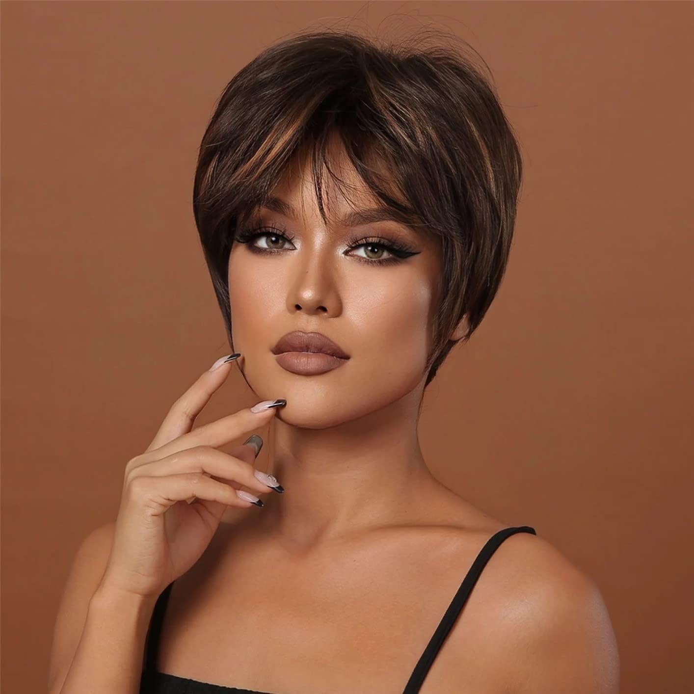 MISS LIRENN® 6 Inch Pixie Cut Wig - Brown with Blonde Highlights, Synthetic Hair Short Wigs For Women Bob Wig