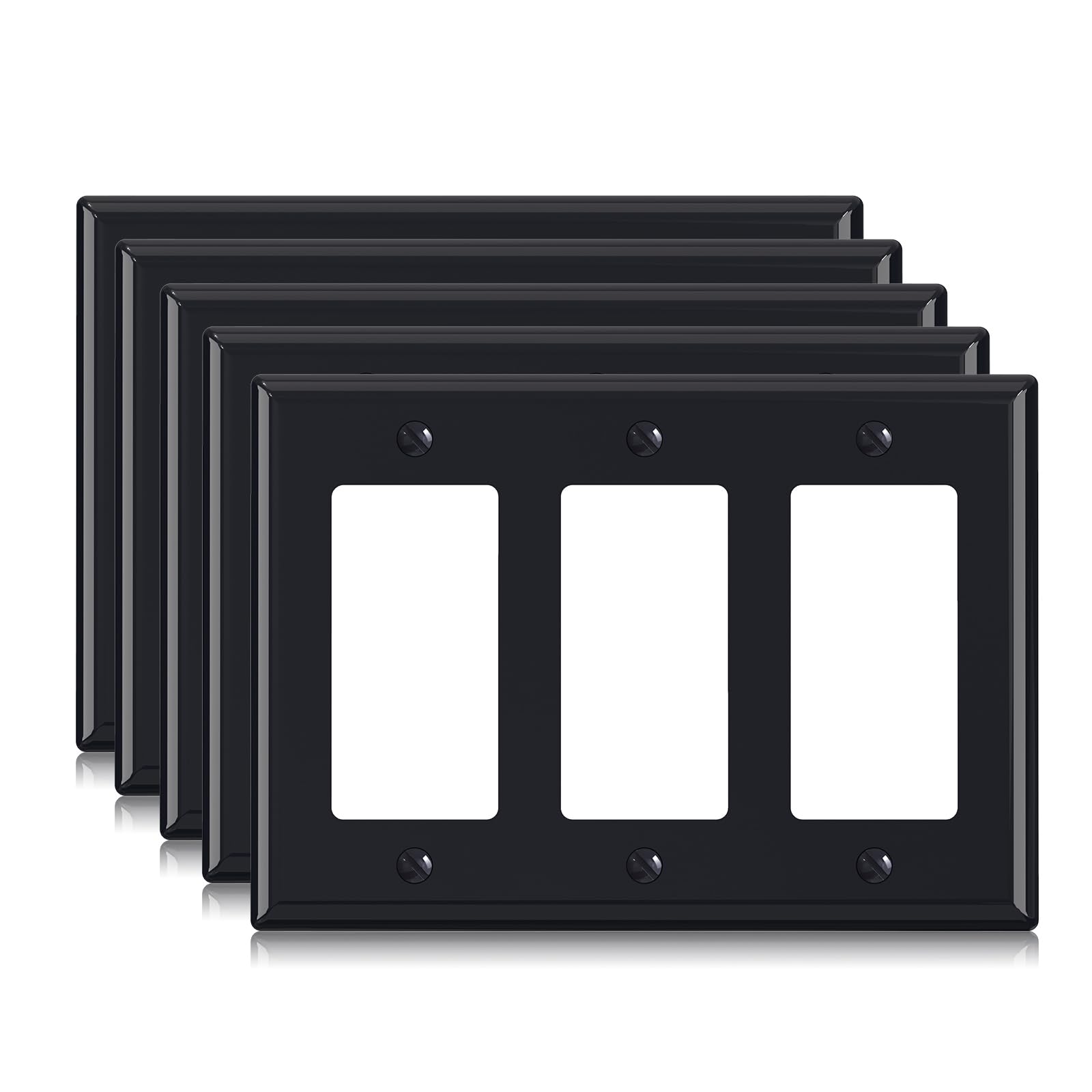 ELEGRP 3-Gang Decorative Wall Plates, Standard Size 4.53" H x 6.39" L Unbreakable Thermoplastic Faceplate Cover for Decorator Receptacle Outlet Switch, UL Listed (5 Pack, Glossy Black)
