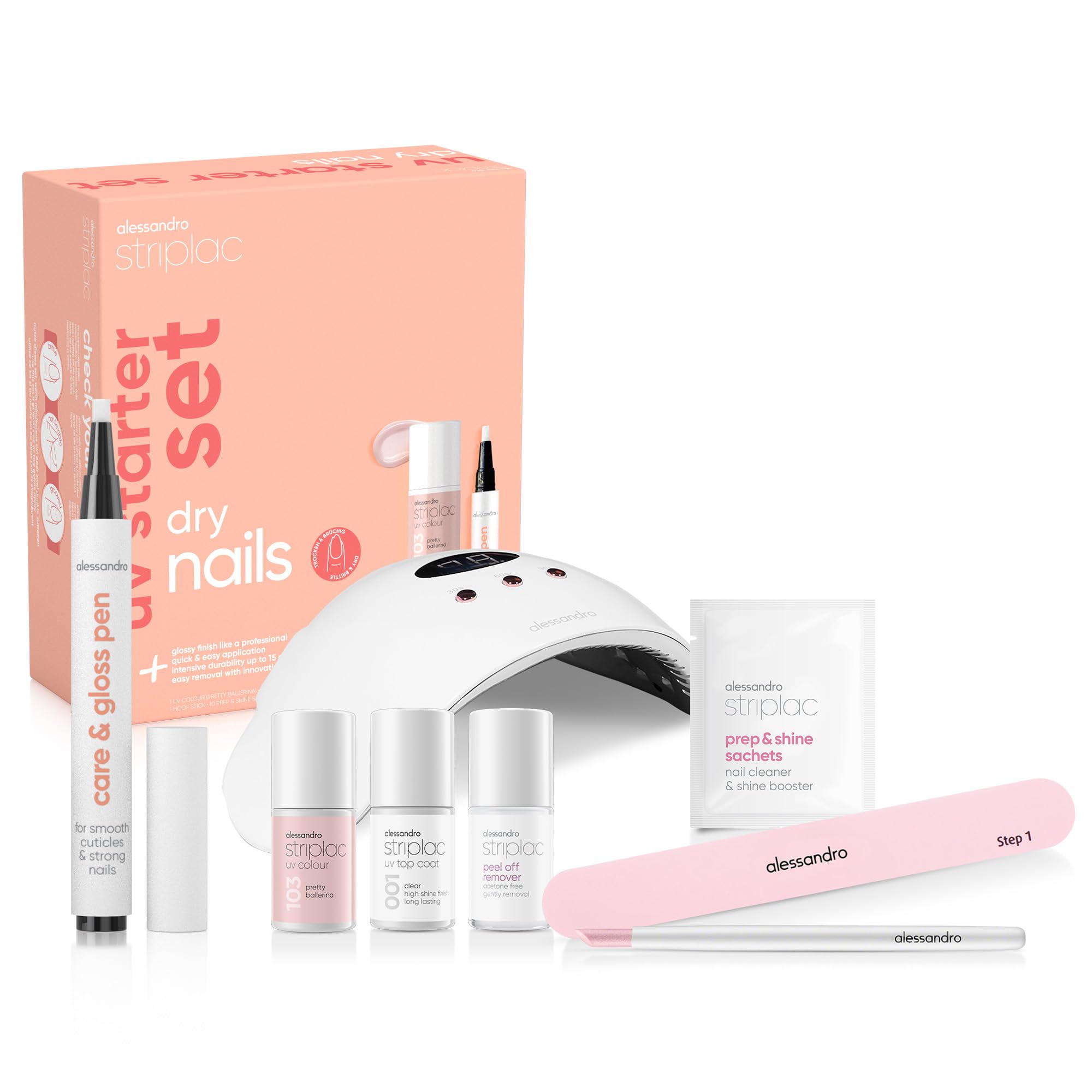 alessandro Striplac UV Nagellack Set - Trockene Nägel - Bis zu 15 Tage Halt ohne Absplittern - Leichtes Entfernen - Schonend & Vegan - Inkl. LED-Lampe