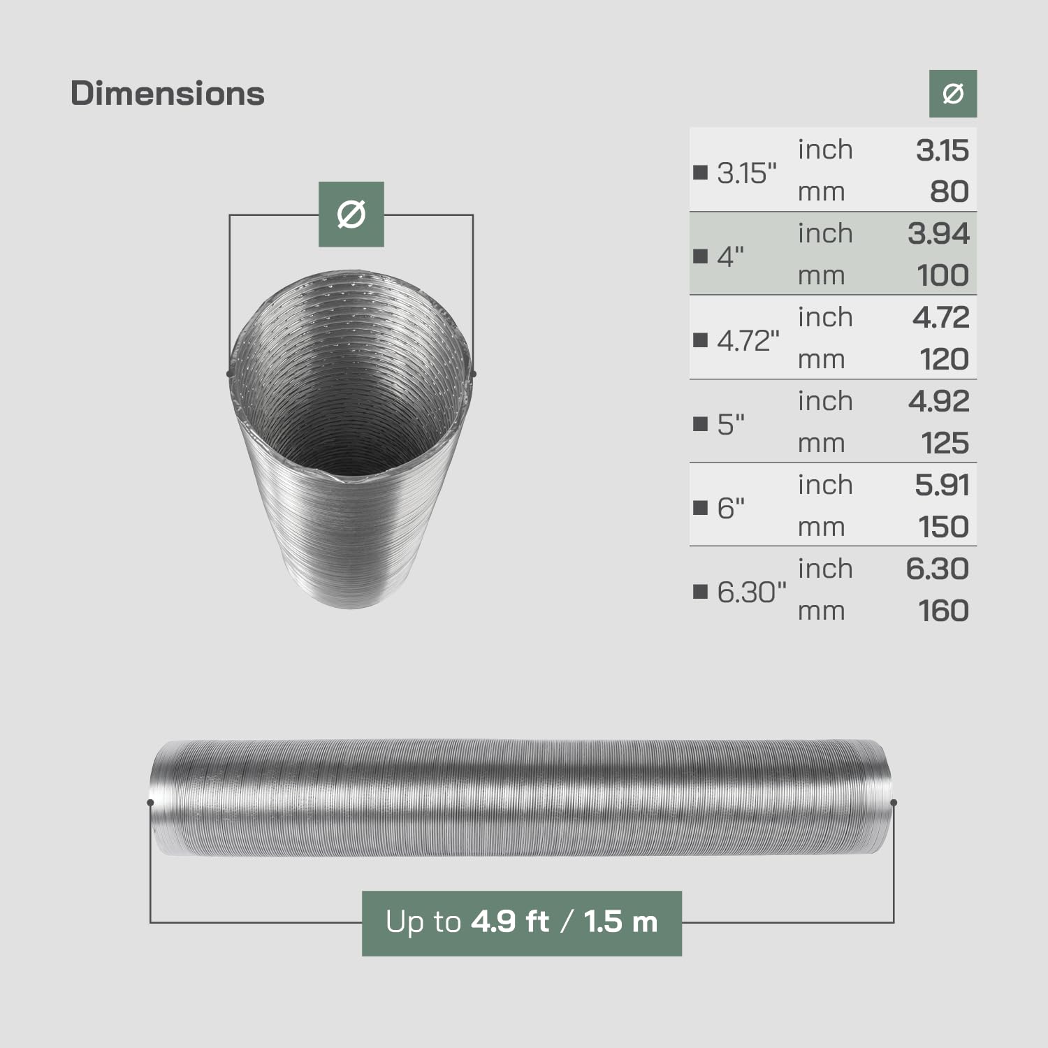 Vent Systems diameter 100 mm, 1.5 m / diameter 4-5ft Round Flexible Aluminium Hose Pipe - Image 2