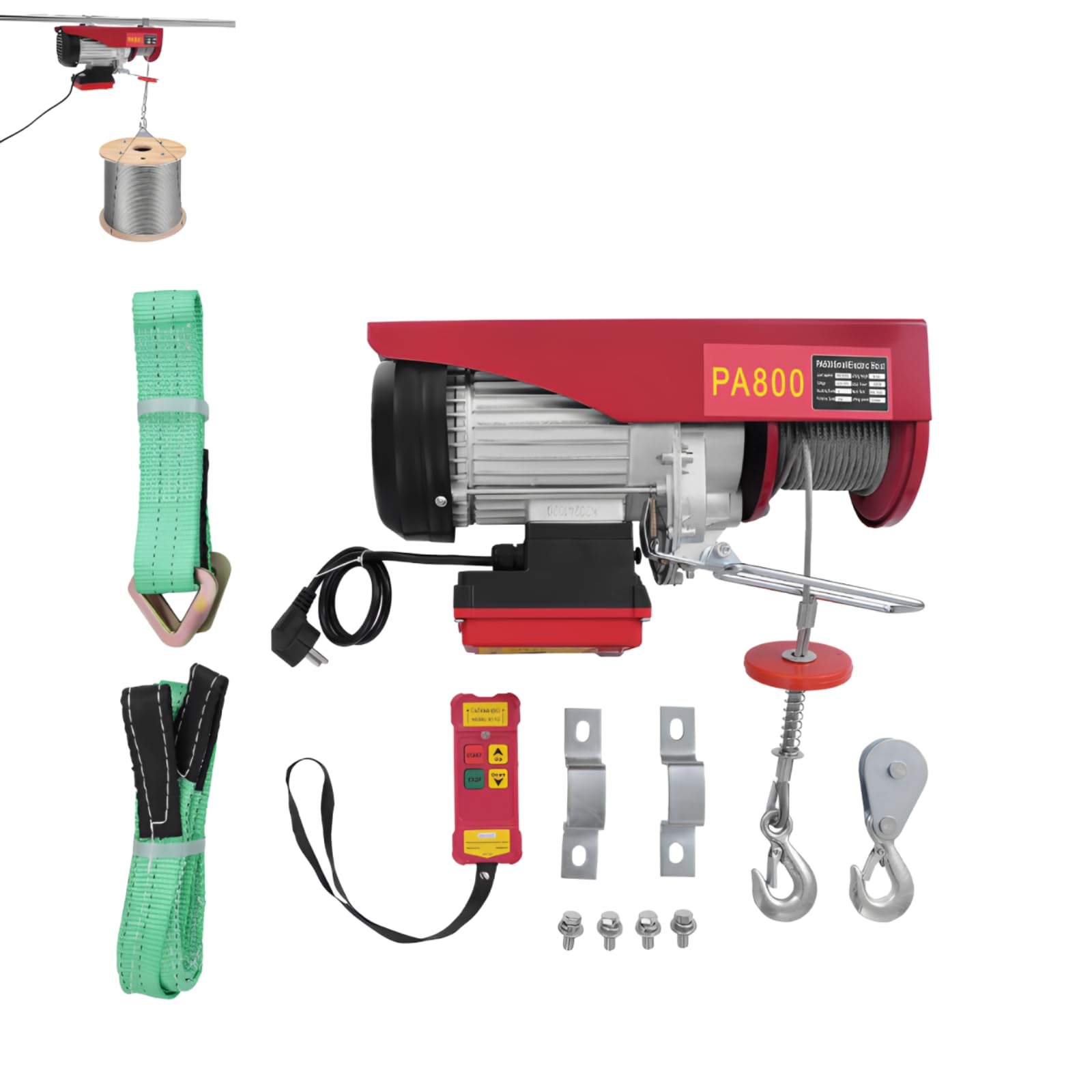 Elektrische Seilwinde 800/1000 kg, Hubhöhe 12m, Seilzug Motorwinde, 10m/min Hubgeschwindigkeit, Endabschaltung, 12 m Stahlseil, Hebezug mit Kabelloser Fernbedienung, Kettenzug (800 kg)