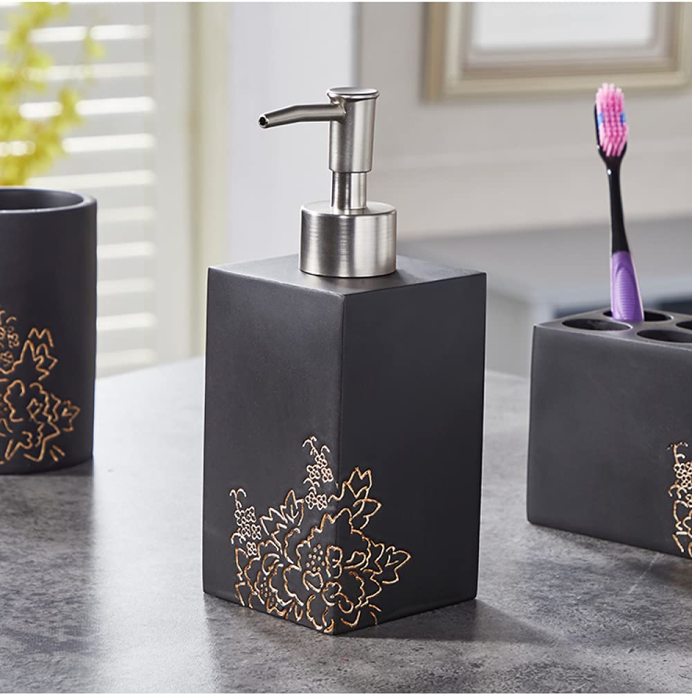 BERTY·PUYI Accesorios De Baño De Resina (Juego De 6) - Elegante Juego De Baño De Resina con Jabonera, Dispensador De Loción, 2 Vasos, Soporte para Cepillo De Dientes, Bandeja