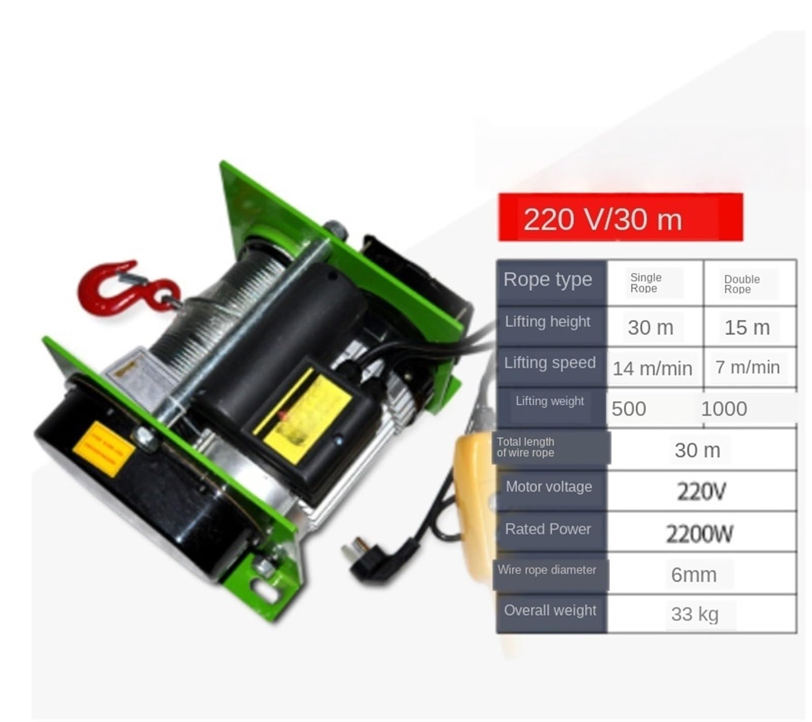 Wciągarki elektryczne 200/600/800KG Wciągnik Linowy Mikro Elektryczny Wciągarka Elektryczna 220v380v 980W/1400W/2200W Akcesoria do dźwigników(500 TO 1000KG-30M CABLE)