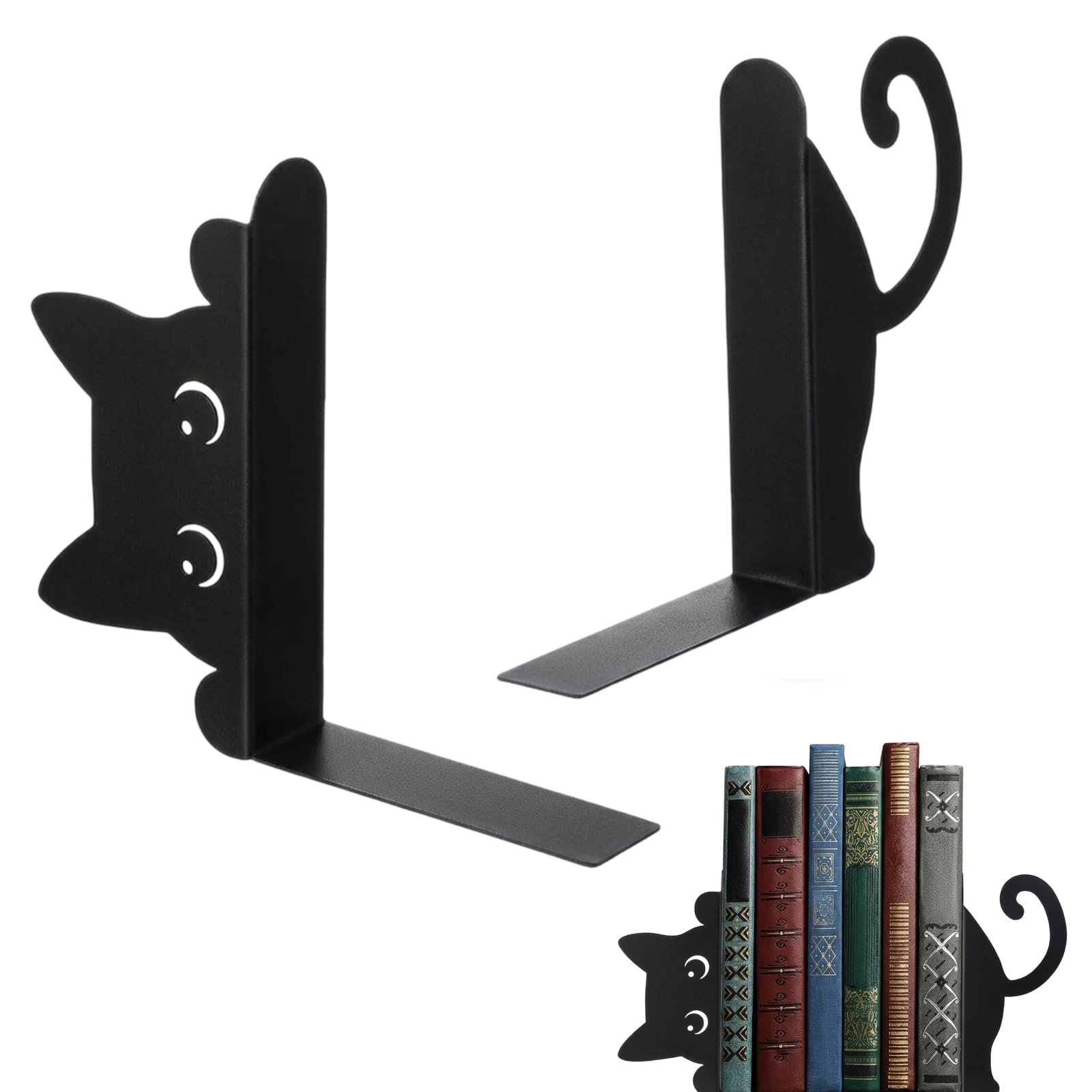 Book Ends Quirky, Cat Bookends, Bookends Quirky, Decorative Book Ends for Home Office Library, Cats Themed Bookend Set for Bookshelves and Desks (black2)
