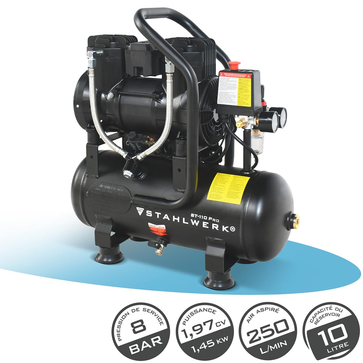 STAHLWERK Compresseur d’air 10 L (ST-110 Pro) – sans huile & silencieux