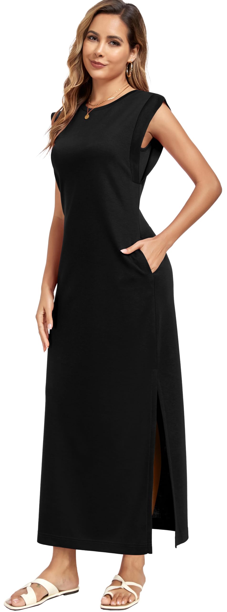 WUWUSKY Damen Maxikleid ärmellos mit Rundhals und Seitenschlitz – Elegantes lässiges Kleid mit Zwei Taschen