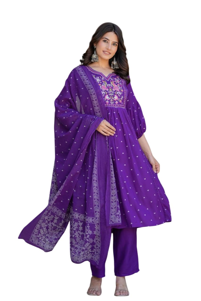 RD-ENTERPRISESS Women's Cotton Embroidered Anarkali Kurti With Pant And Dupatta Set-picture-44