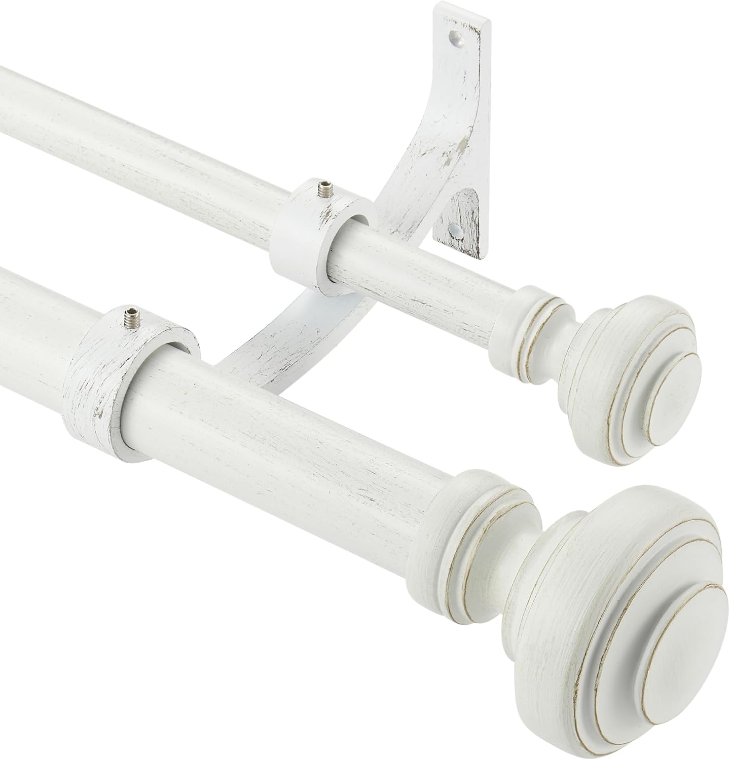 Wood Double Curtain Rod for Windows 36 to 72 Inches (3 to 6 ft), Adjustable Heavy Duty Double Drapery Rods, Farmhouse Collection Decorative Design with Porch Doorknob Finials,Antique White Antique White 36-72"